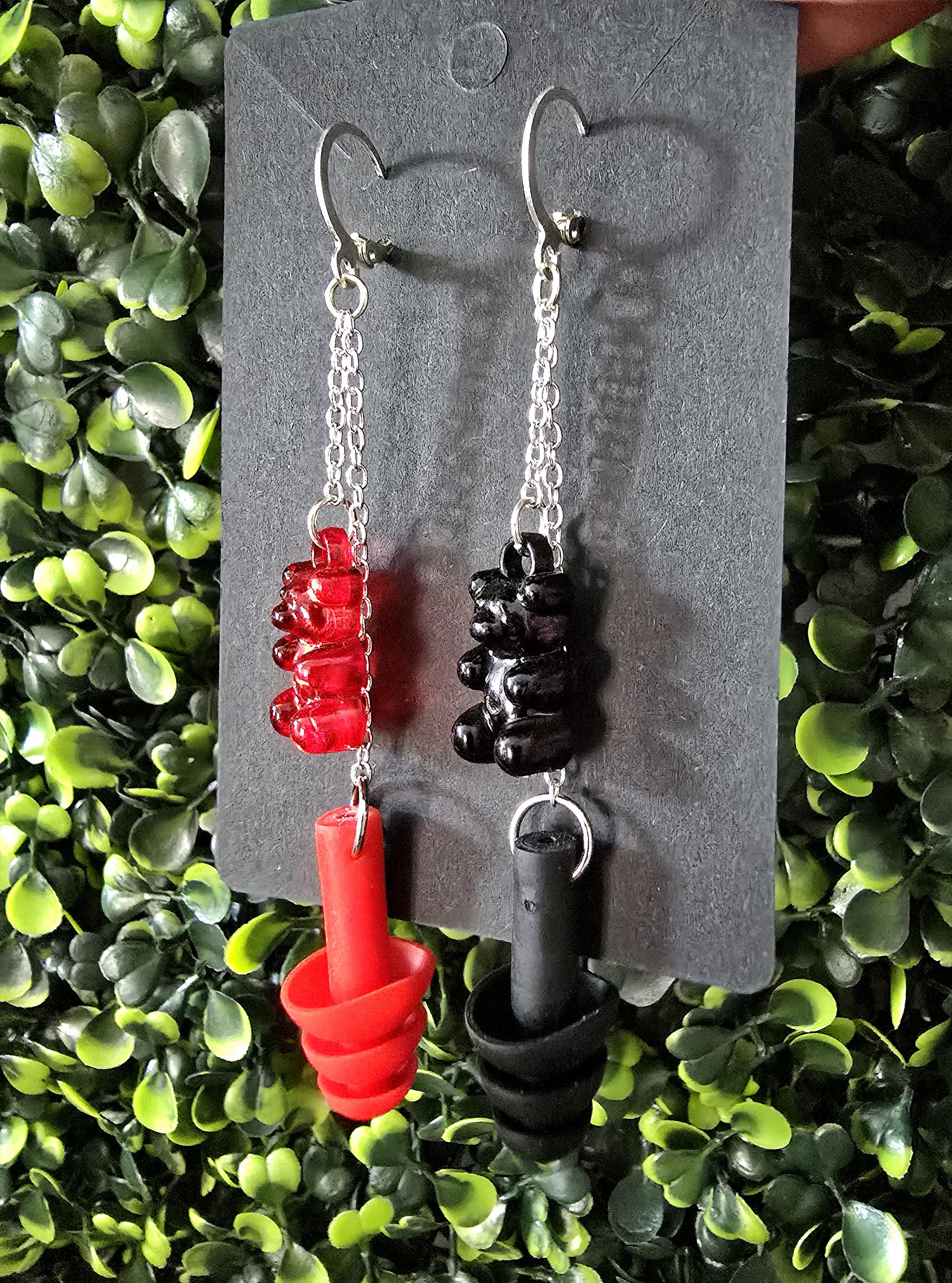 Gummy Bear Earplug Earrings: Red & Black Rave Festival Jewelry