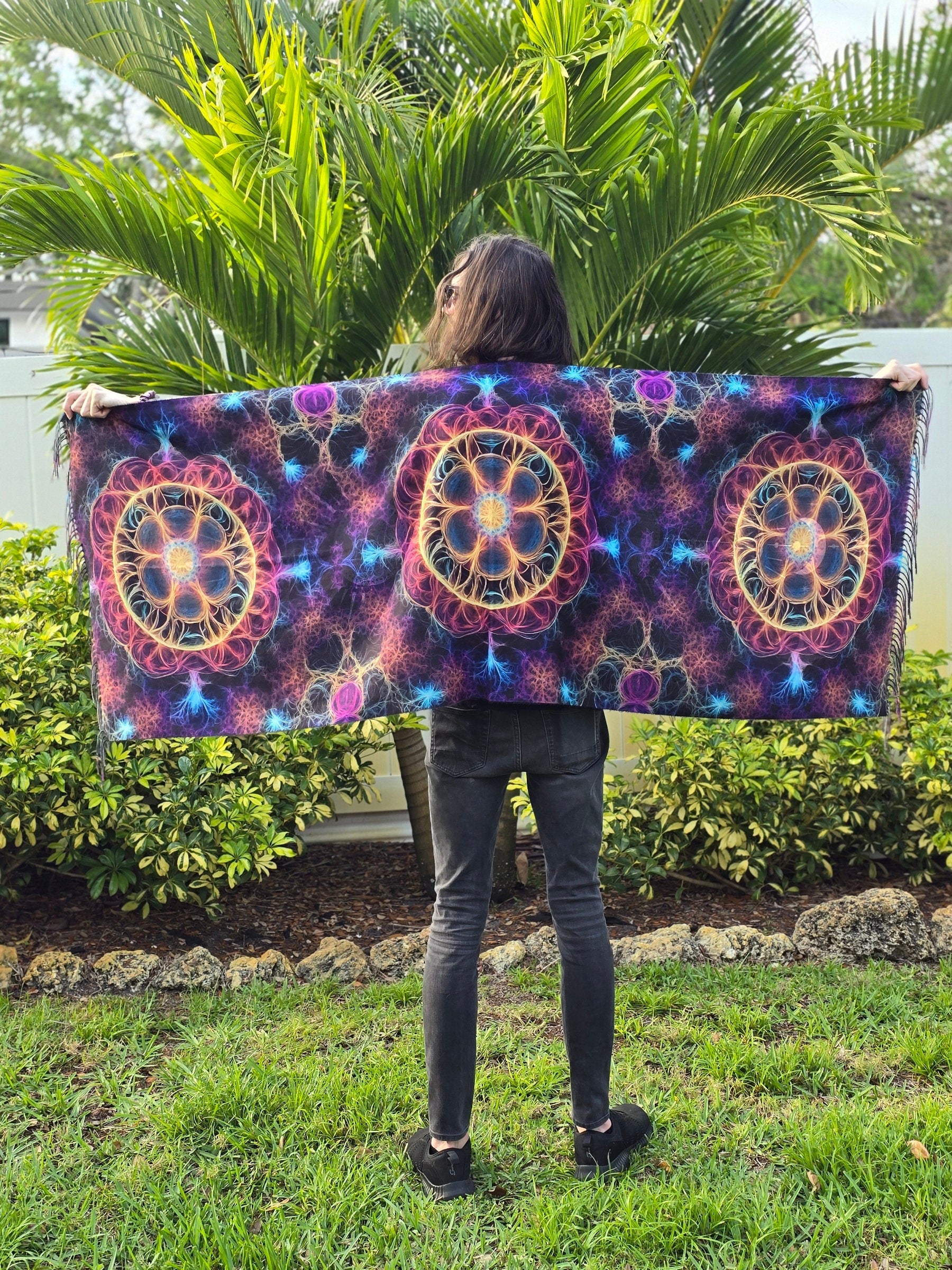 Neon Flower of Life Reversible Rave Pashmina - Festival/EDM Shawl - by PLURfect Studios