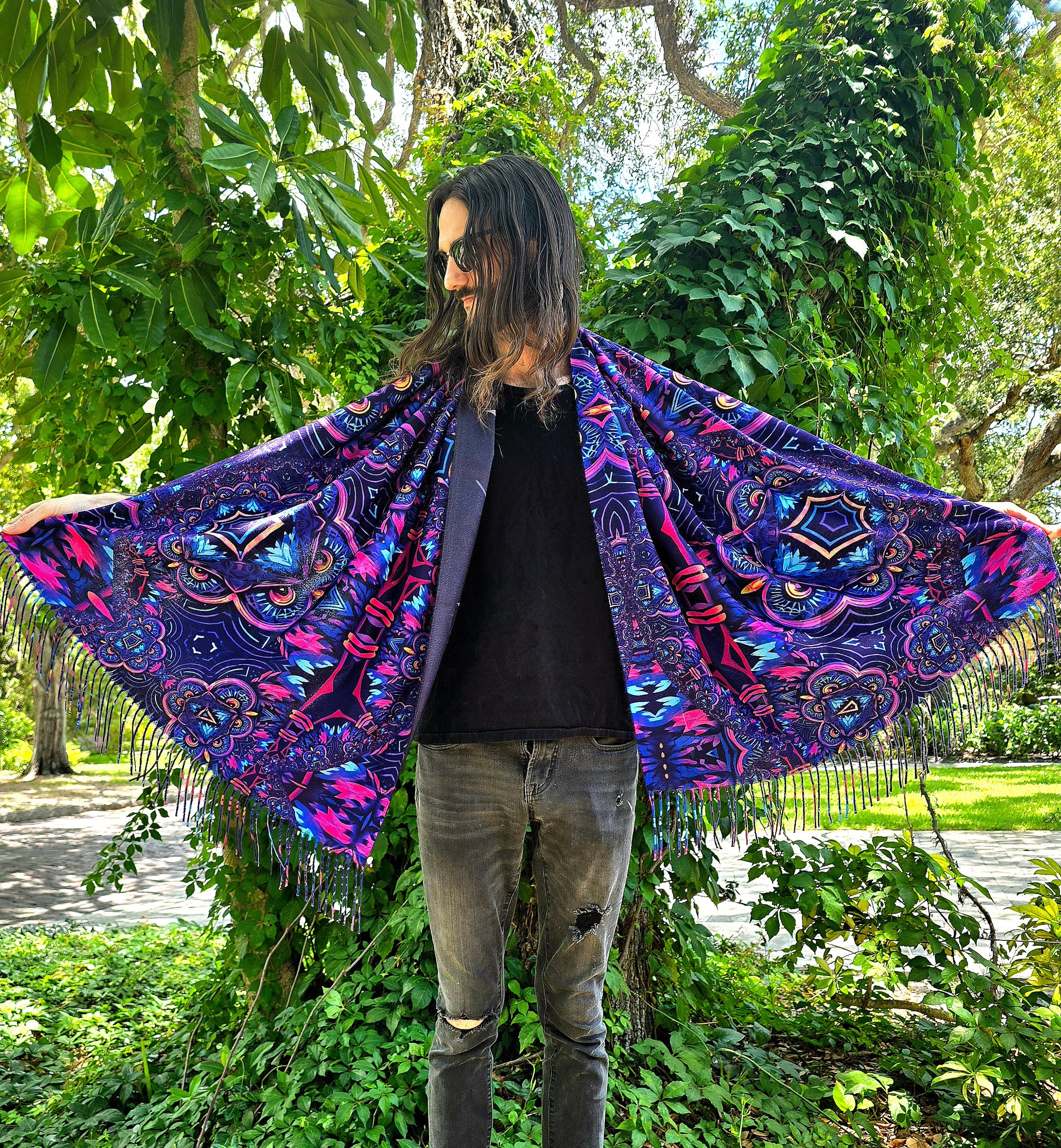 Trippy Fractal Owl Reversible Rave Pashmina - Festival/EDM Shawl - by PLURfect Studios