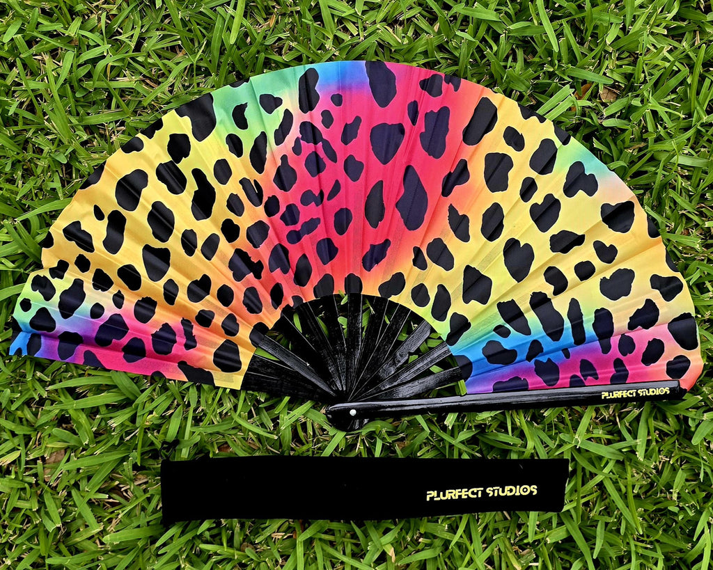 Rainbow Leopard Print Rave Hand Fan: Black Bamboo, Carrying Pouch