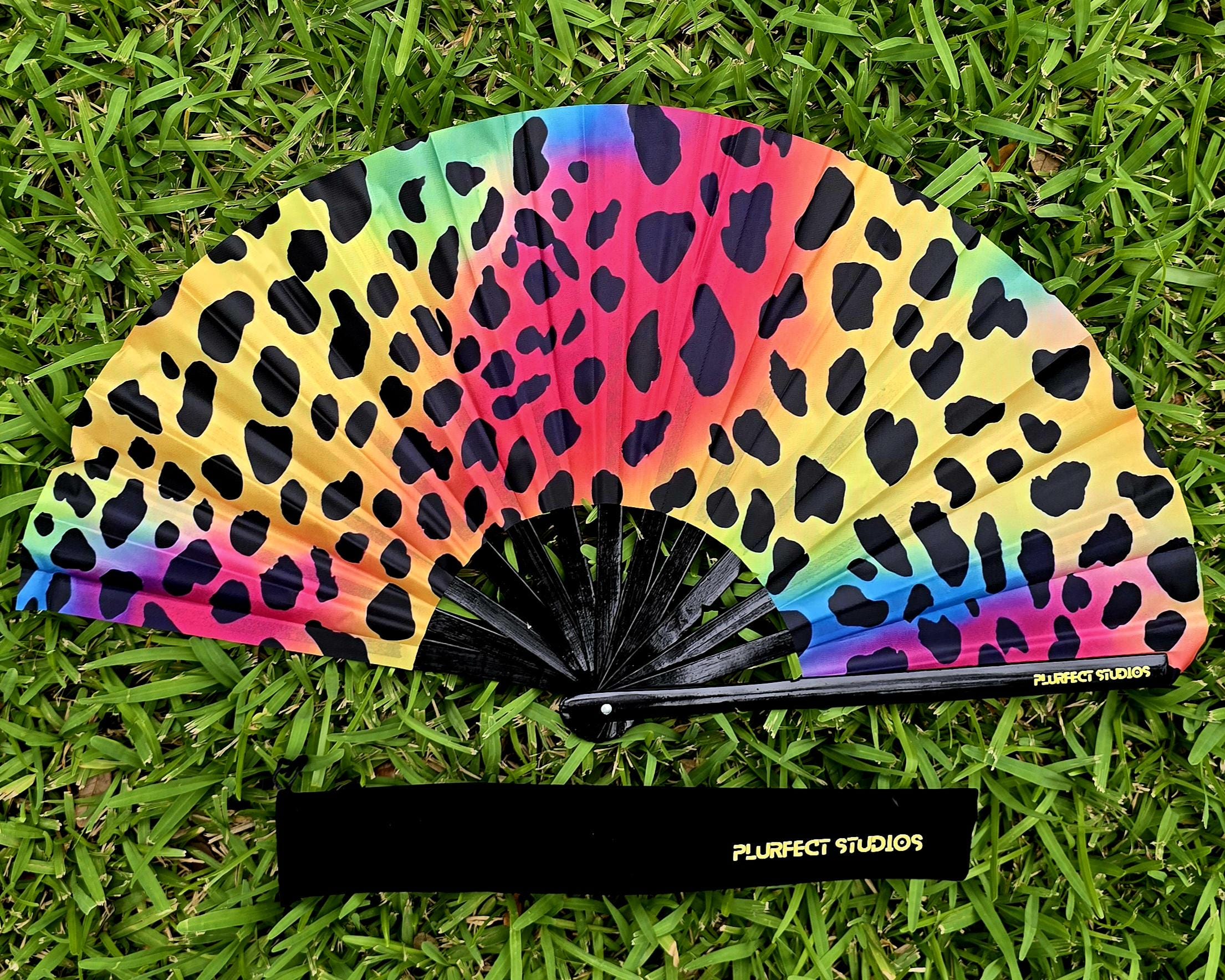 Rainbow Leopard Print Rave Hand Fan: Black Bamboo, Carrying Pouch