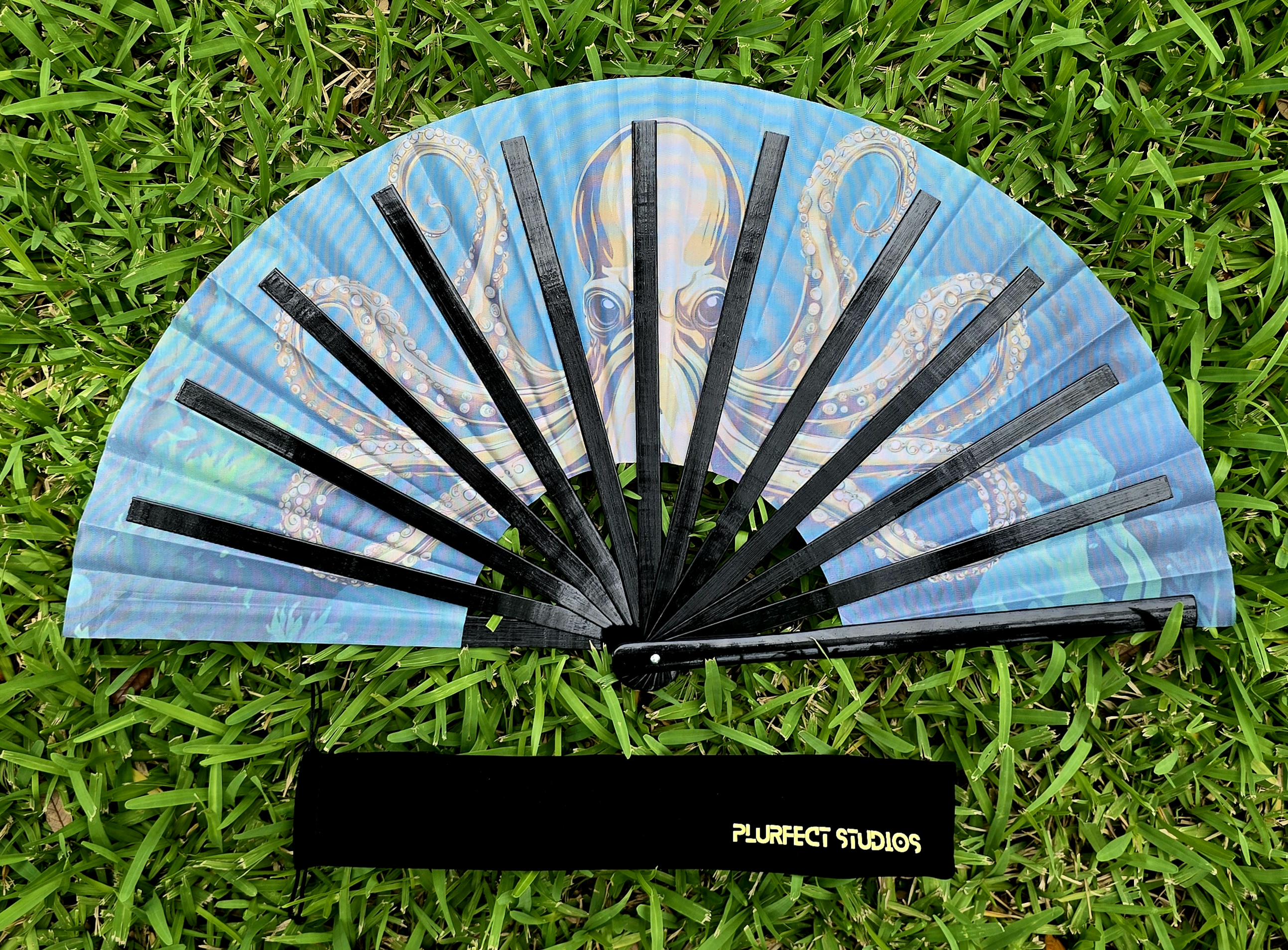 Golden Octopus Rave Hand Fan: Black Bamboo, Velvet Pouch