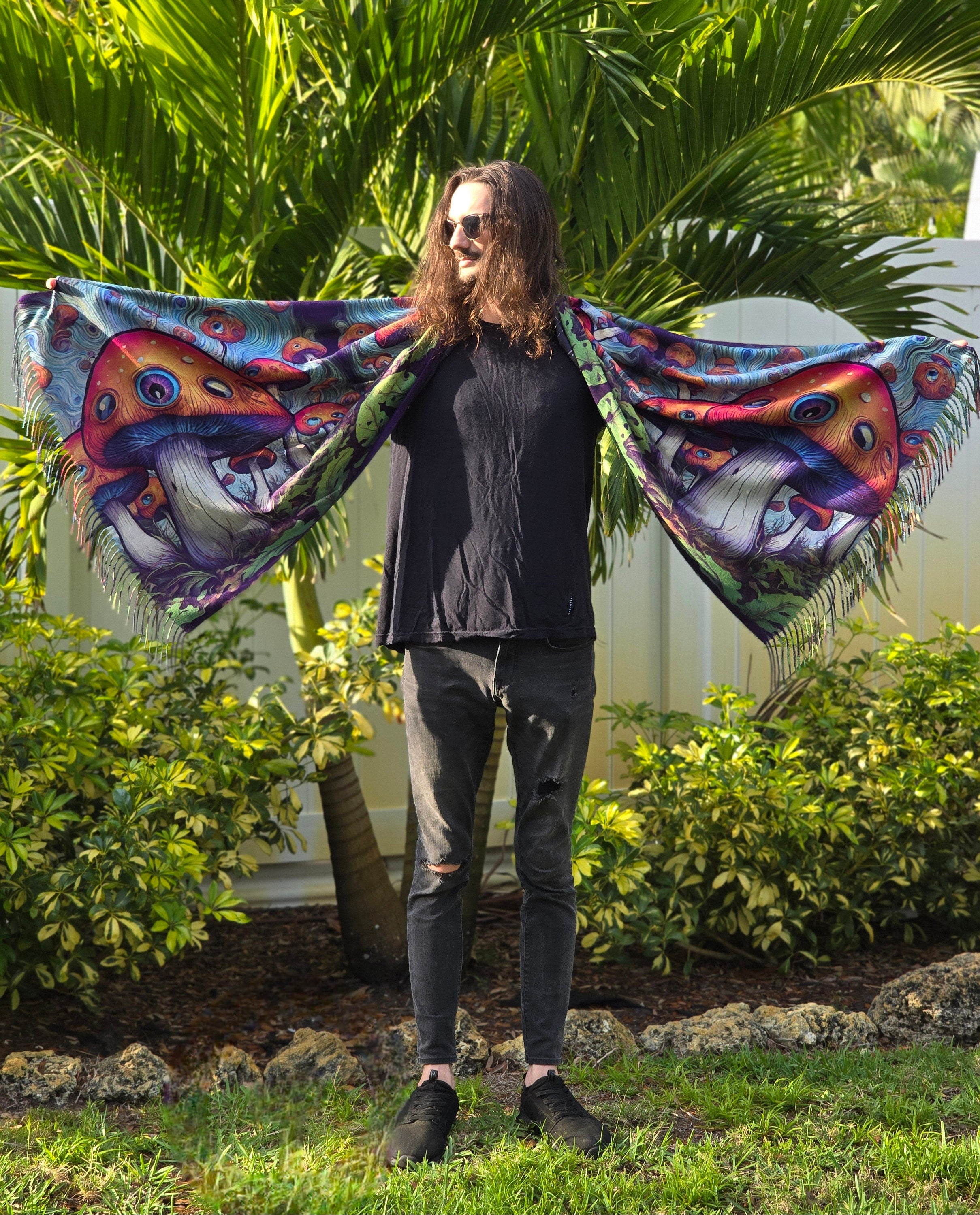 Trippy Eyeball Mushroom Reversible Rave Pashmina - Festival/EDM Shawl - by PLURfect Studios