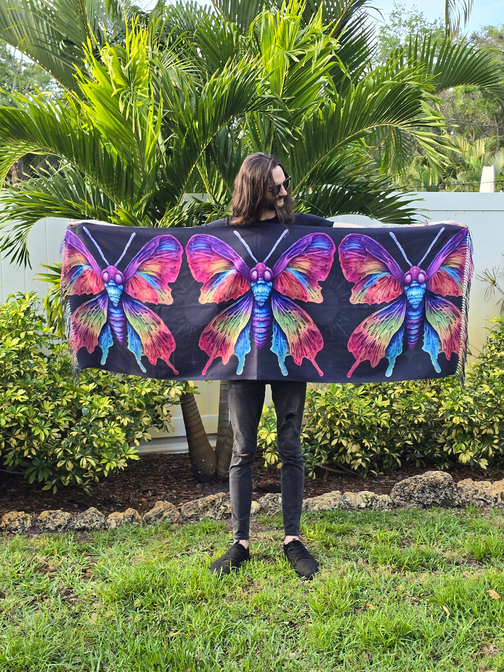 Rainbow Death Moth Reversible Rave Pashmina - Festival/EDM Shawl - by PLURfect Studios