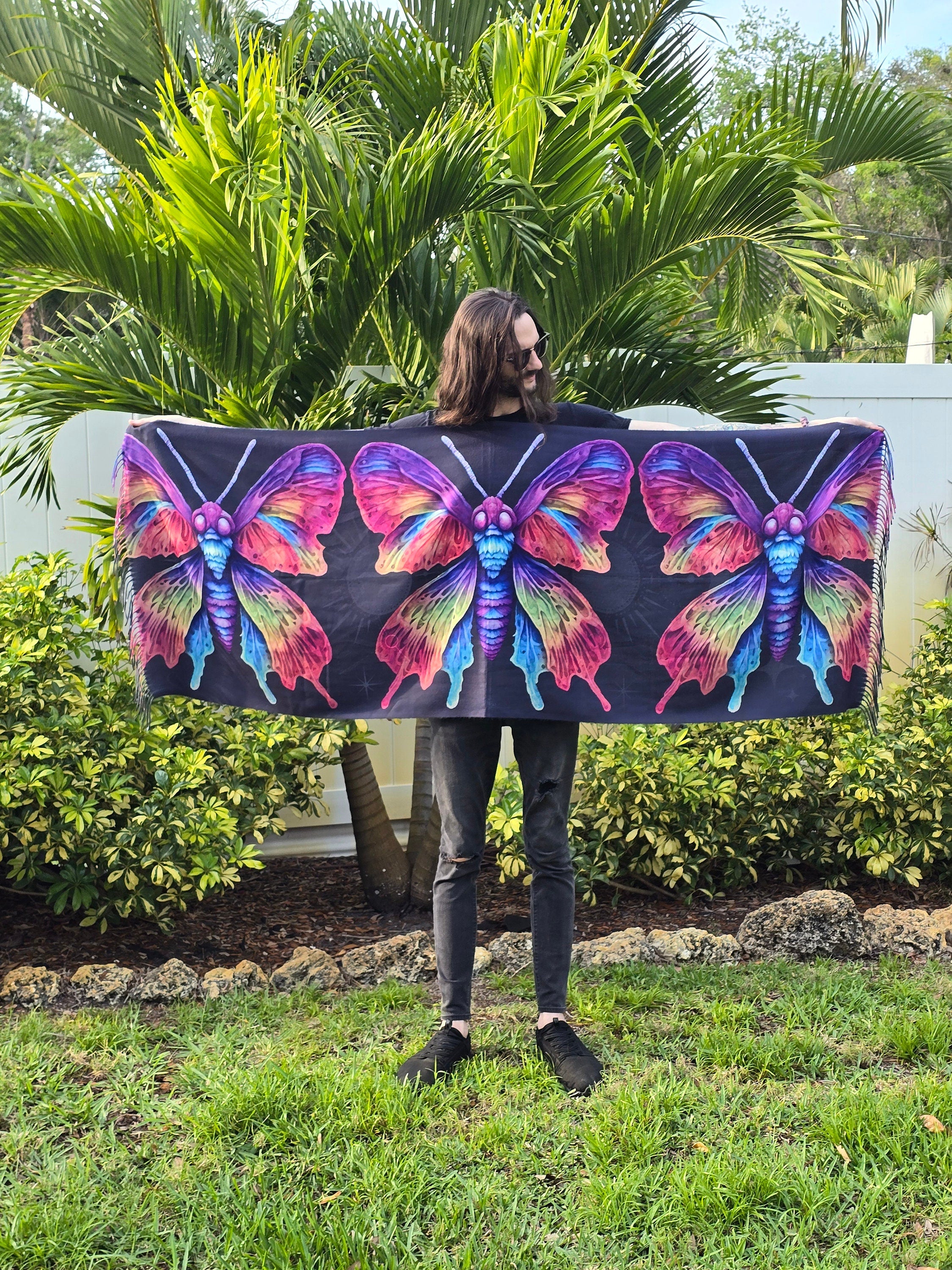 Rainbow Death Moth Reversible Rave Pashmina - Festival/EDM Shawl - by PLURfect Studios