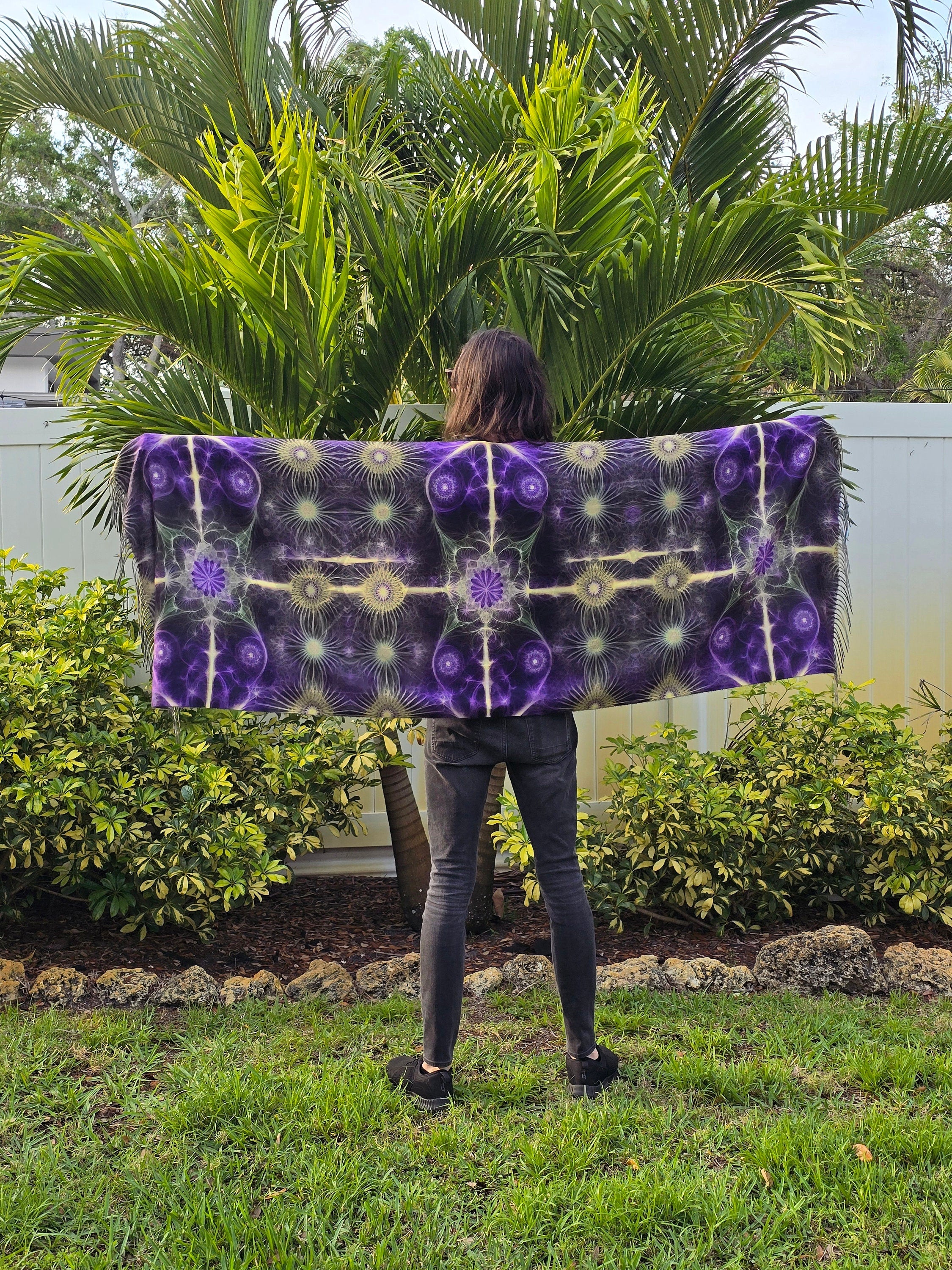 Purple & Gold Fractal Reversible Rave Pashmina - Festival Shawl - by PLURfect Studios