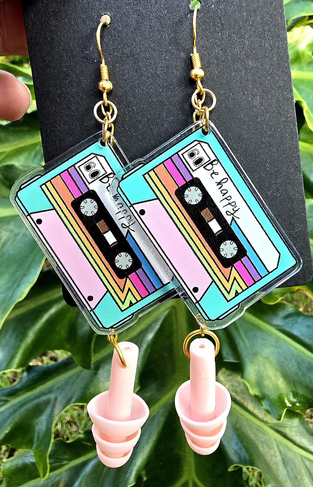 Be Happy Cassette Tape Earplug Earrings for Raves Festivals Concerts - by PLURfect Studios