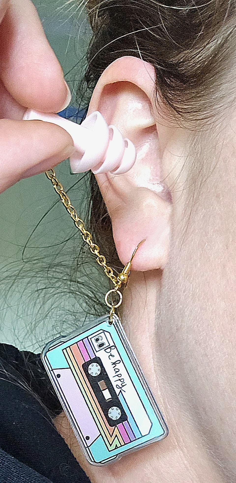 Be Happy Cassette Tape Earplug Earrings for Raves Festivals Concerts - by PLURfect Studios
