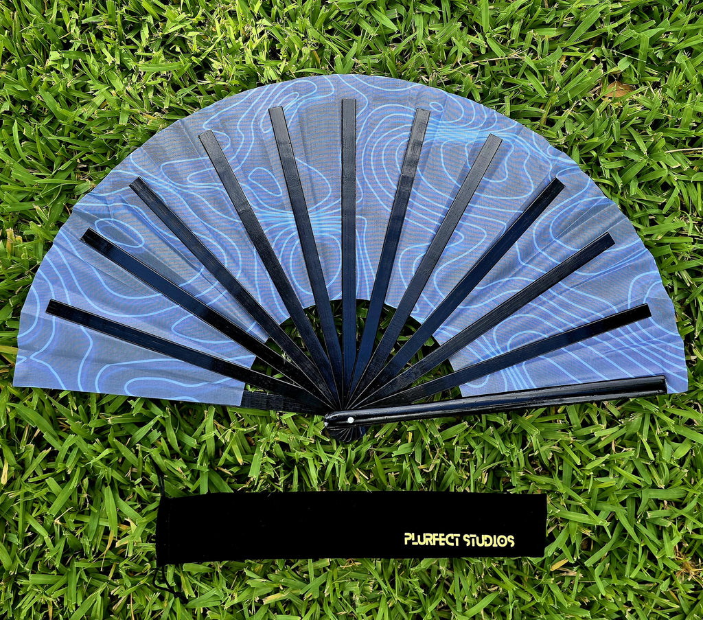 Blue Bass Wave Rave Hand Fan: Black Bamboo, Velvet Pouch