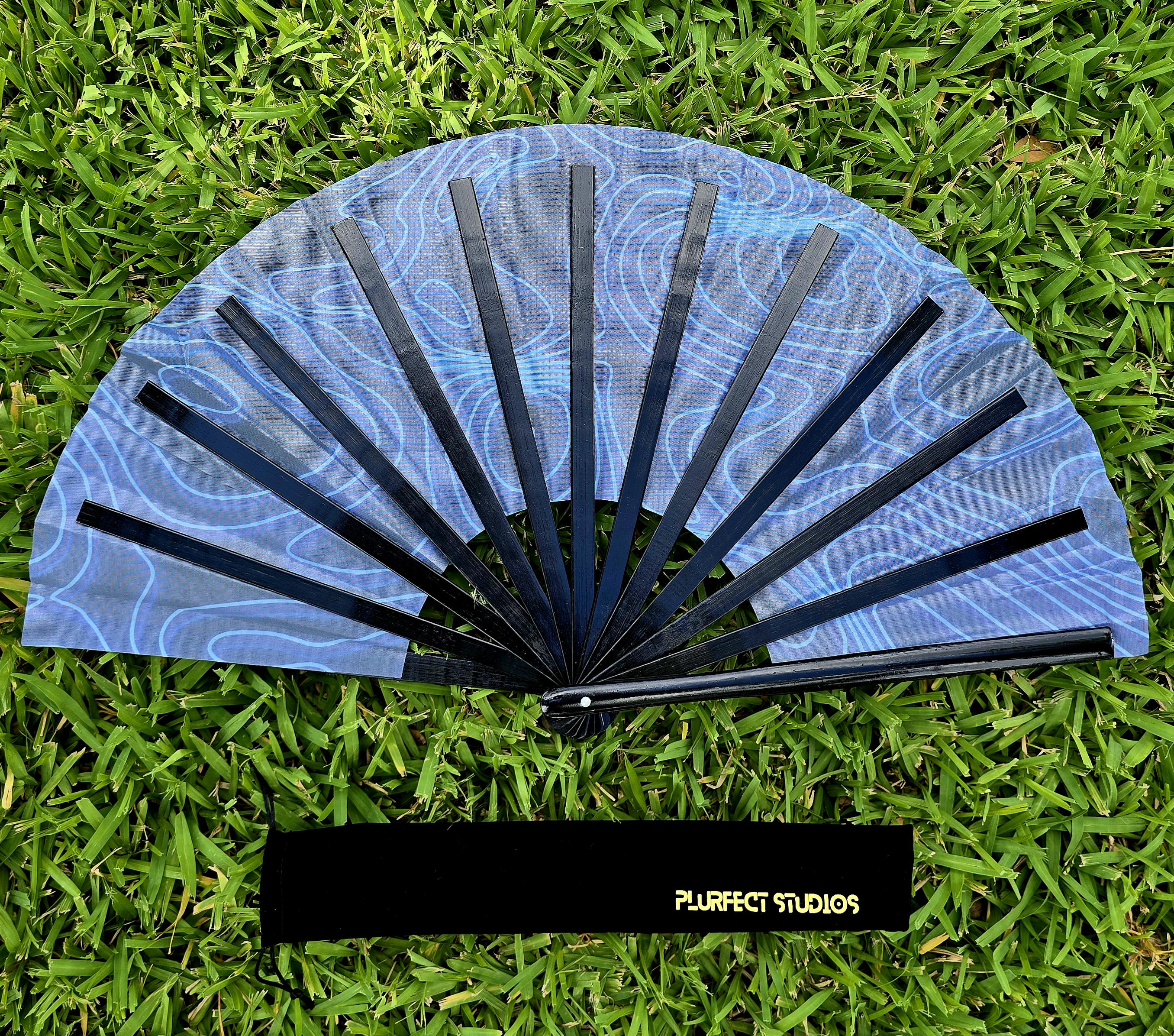 Blue Bass Wave Rave Hand Fan: Black Bamboo, Velvet Pouch