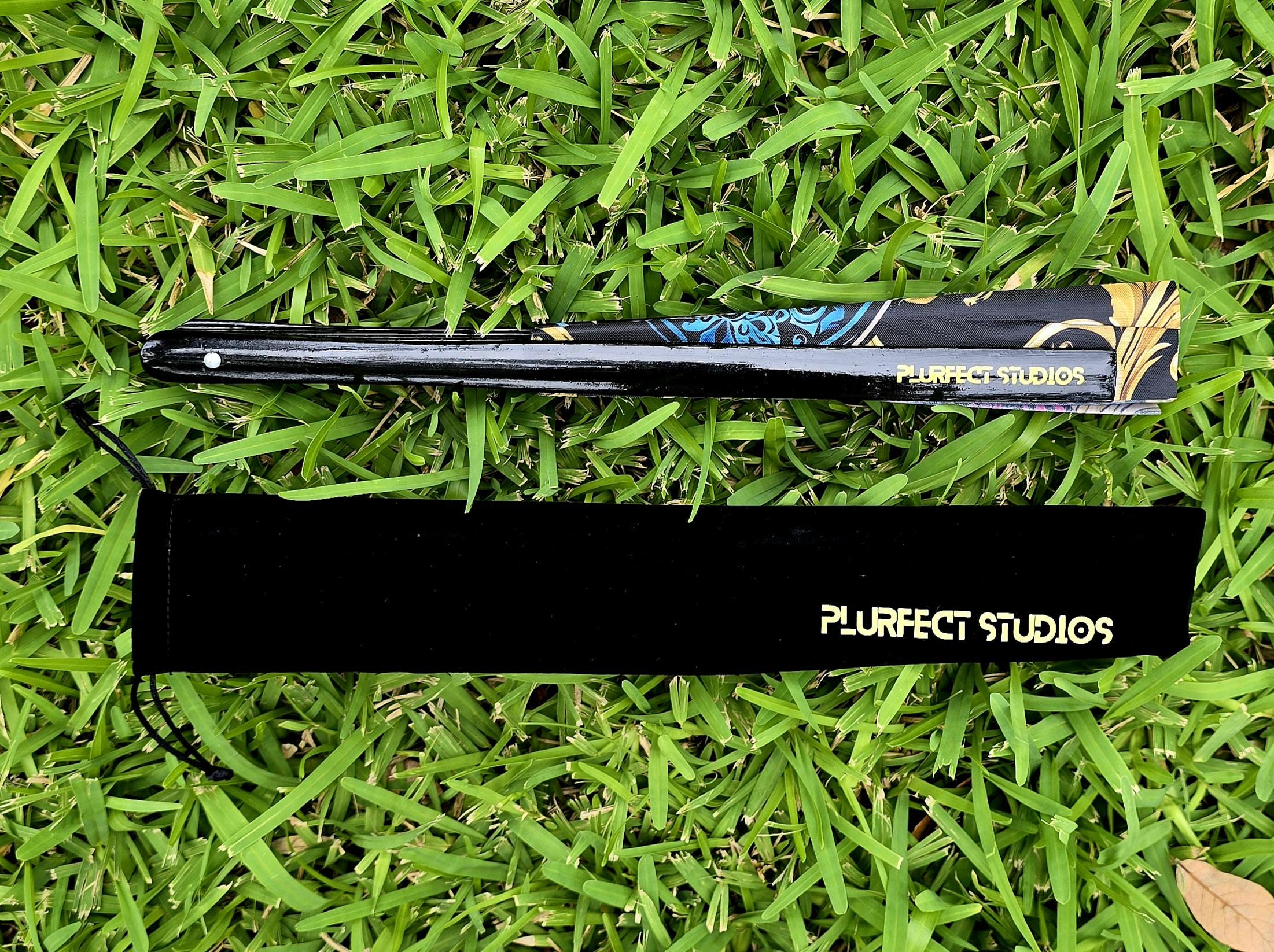 Golden Hamsa Hand Rave Fan: Black Bamboo, Velvet Pouch