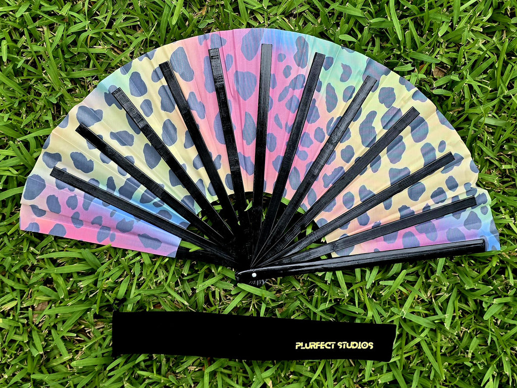 Rainbow Leopard Print Rave Hand Fan: Black Bamboo, Carrying Pouch