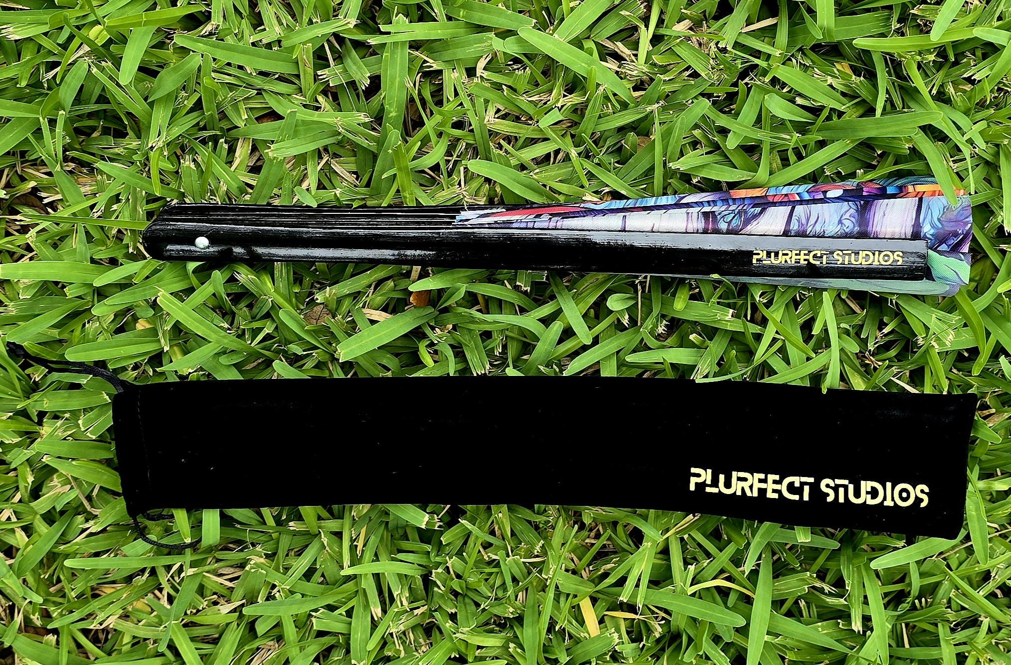 Trippy Eyeball Mushroom Rave Hand Fan: Black Bamboo, Velvet Pouch