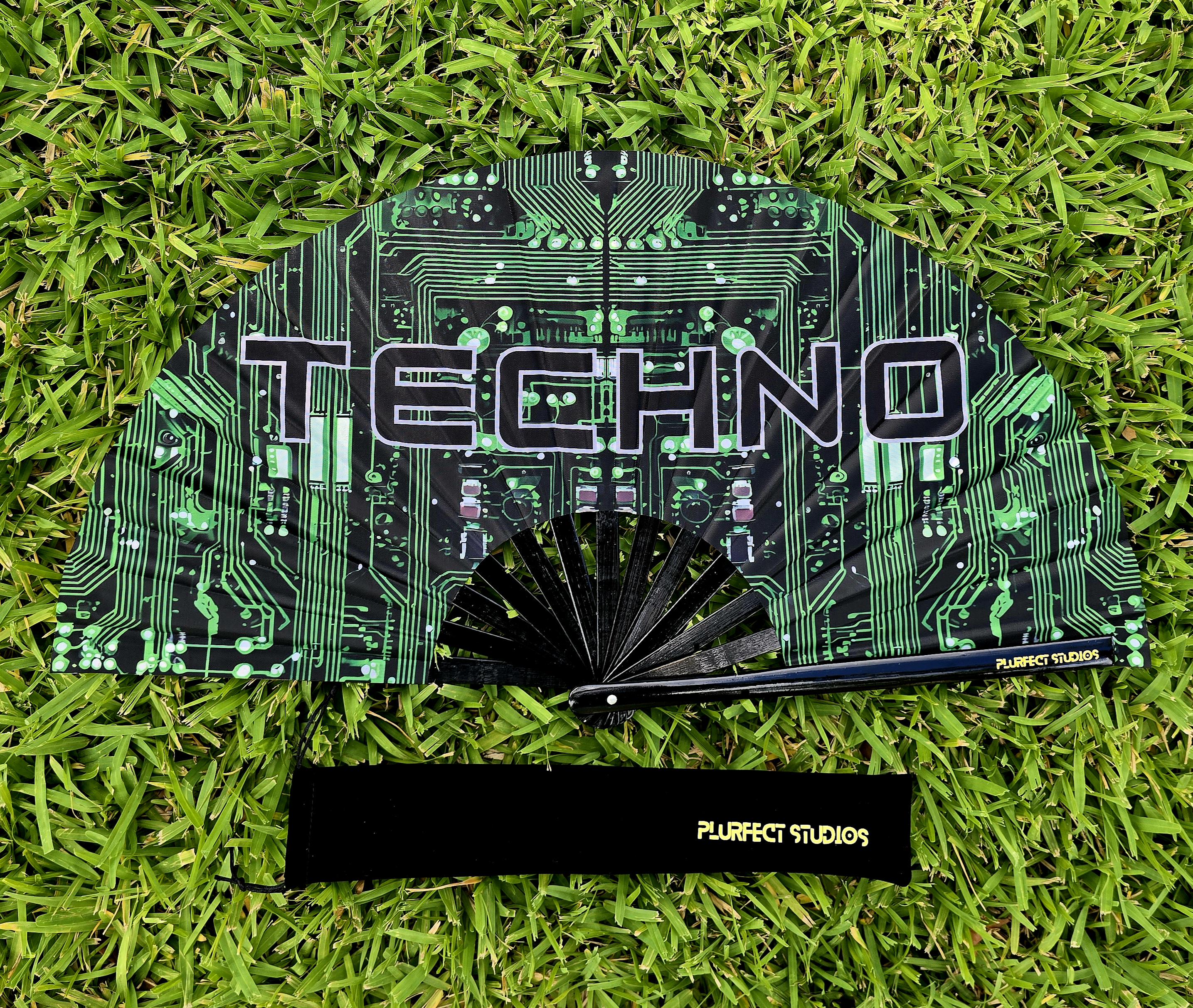 Green TECHNO Rave Hand Fan: Black Bamboo, Velvet Pouch