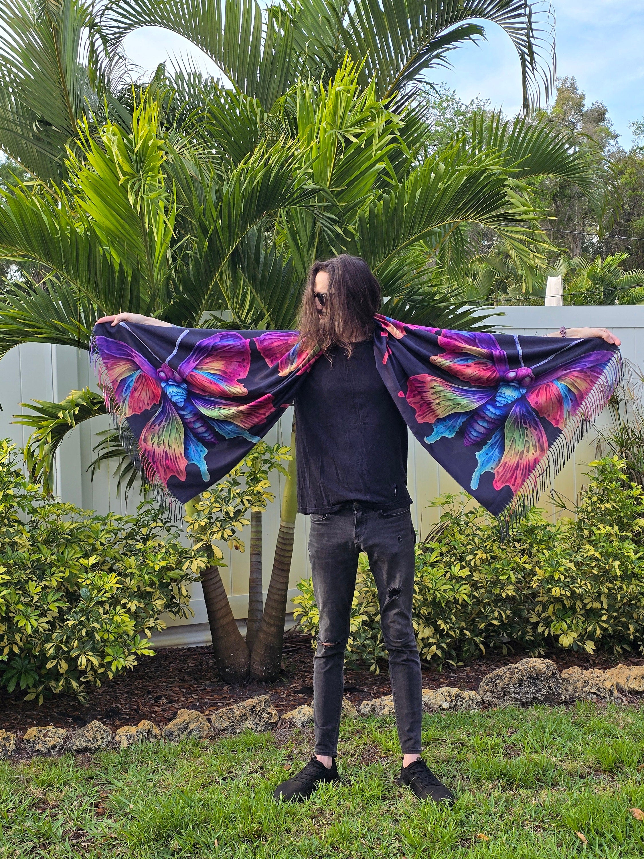 Rainbow Death Moth Reversible Rave Pashmina - Festival/EDM Shawl - by PLURfect Studios