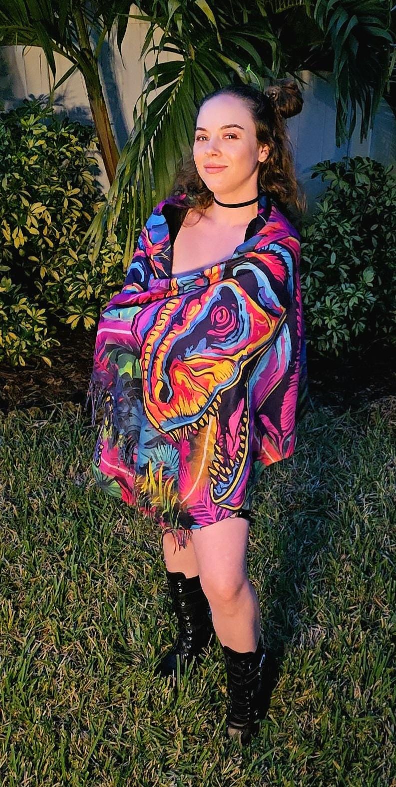 Neon Laser T-Rex Reversible Rave Pashmina - Festival Shawl - by PLURfect Studios