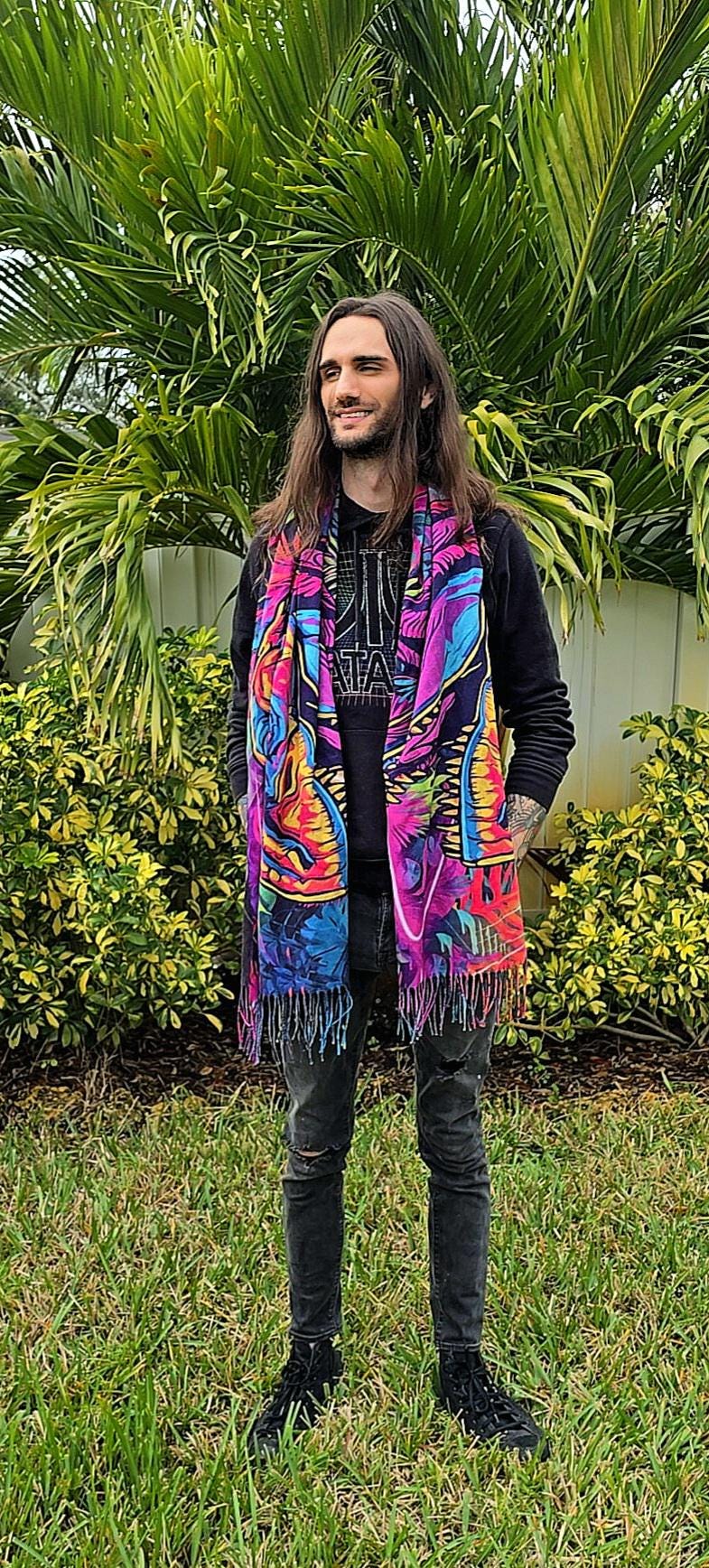 Neon Laser T-Rex Reversible Rave Pashmina - Festival Shawl - by PLURfect Studios