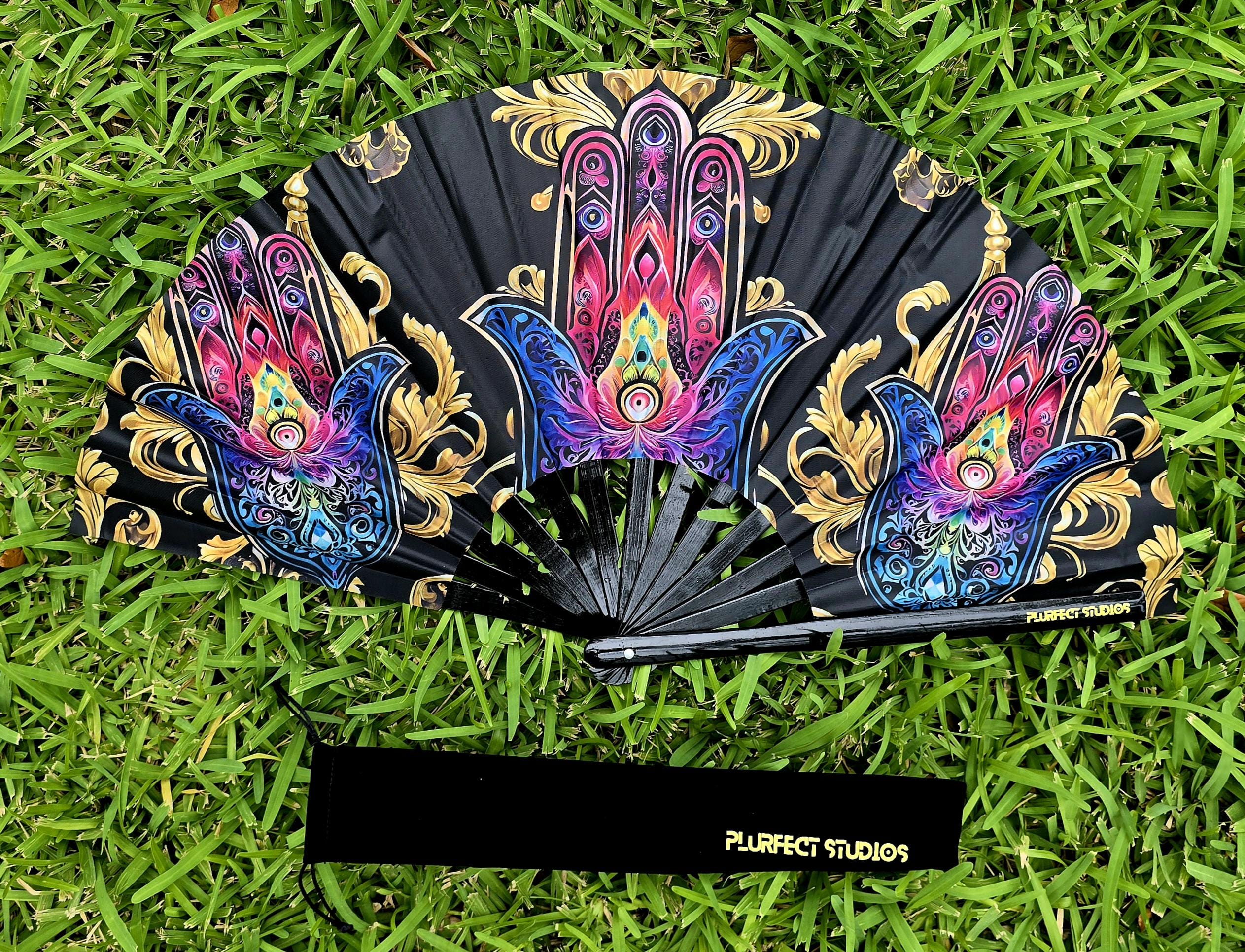 Golden Hamsa Hand Rave Fan: Black Bamboo, Velvet Pouch