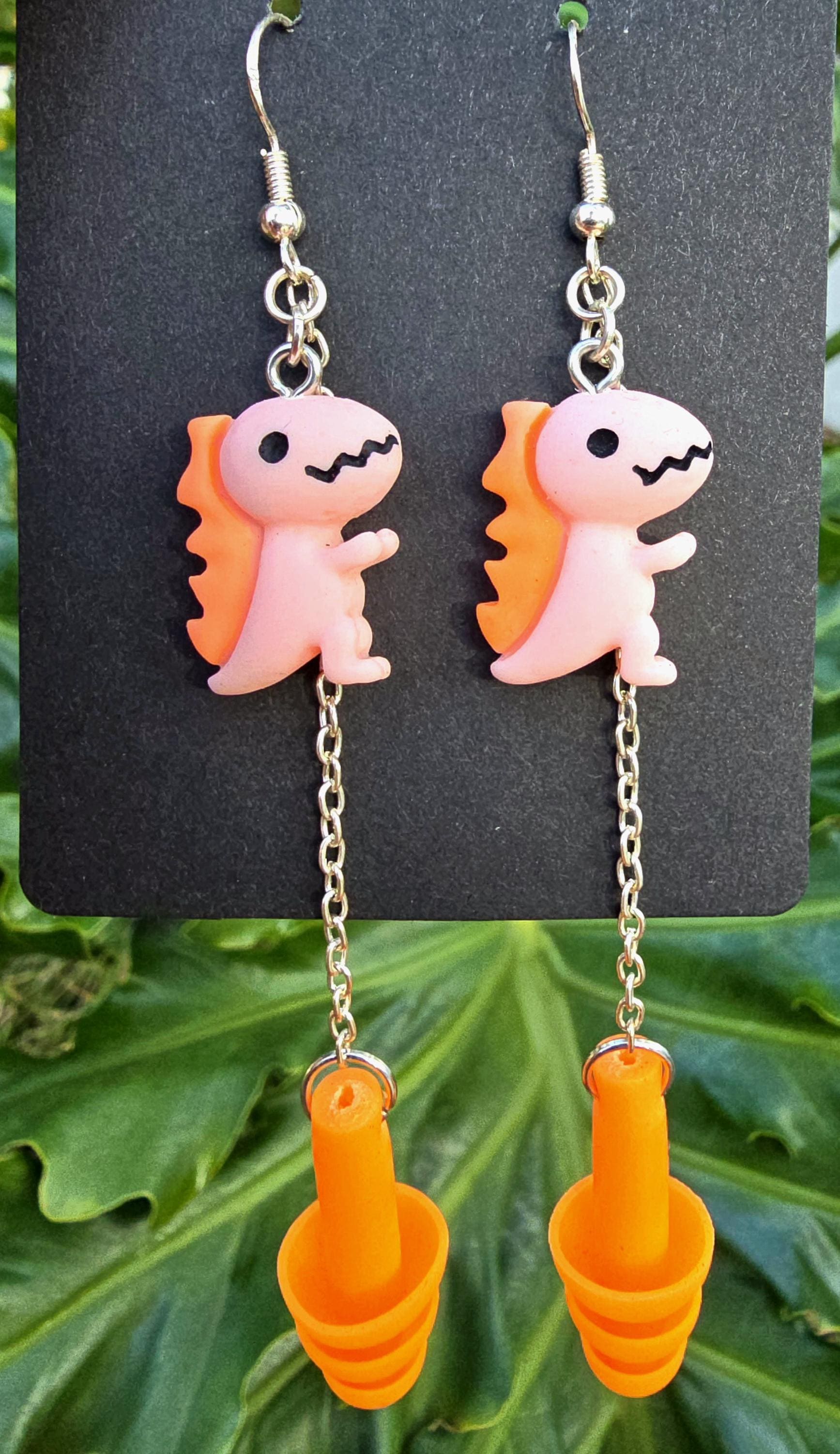 Pink & Orange Dinosaur Earplug Earrings for Raves Festivals Concerts - by PLURfect Studios