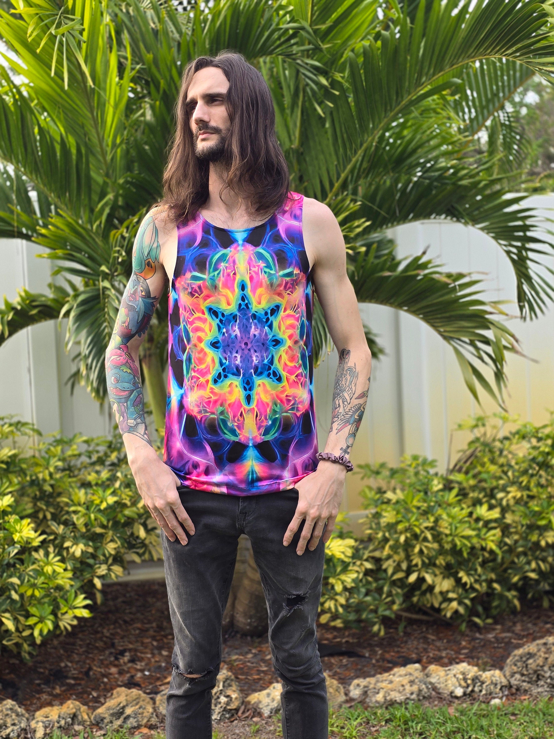 Rainbow Fractal Tank Top: Neon Rainbow Star Mandala Rave Festival Tank