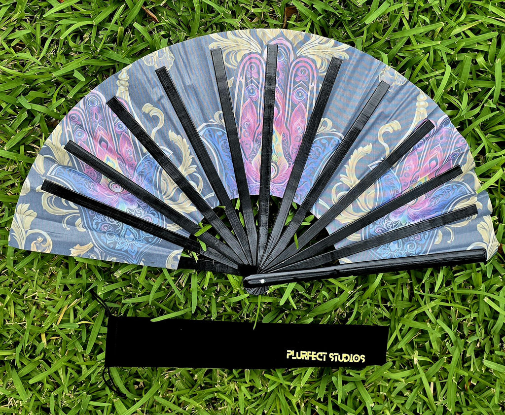 Golden Hamsa Hand Rave Fan: Black Bamboo, Velvet Pouch