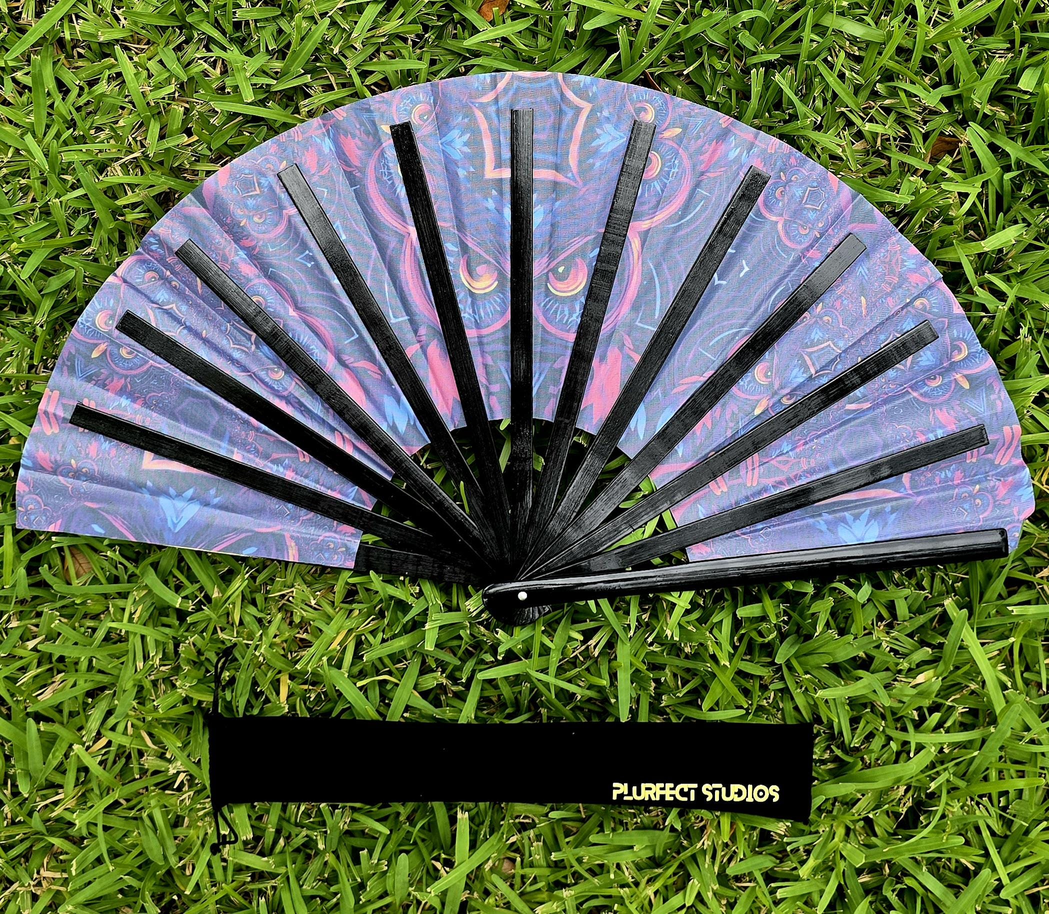 Trippy Fractal Owl Rave Hand Fan: Black Bamboo, Velvet Pouch