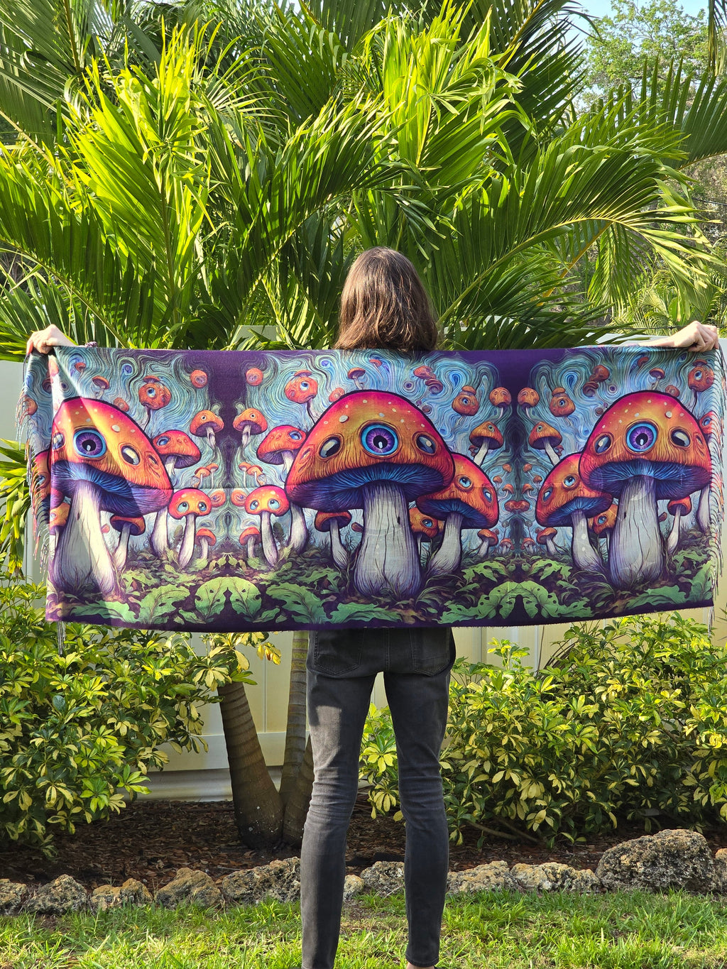 Trippy Eyeball Mushroom Reversible Rave Pashmina - Festival/EDM Shawl - by PLURfect Studios