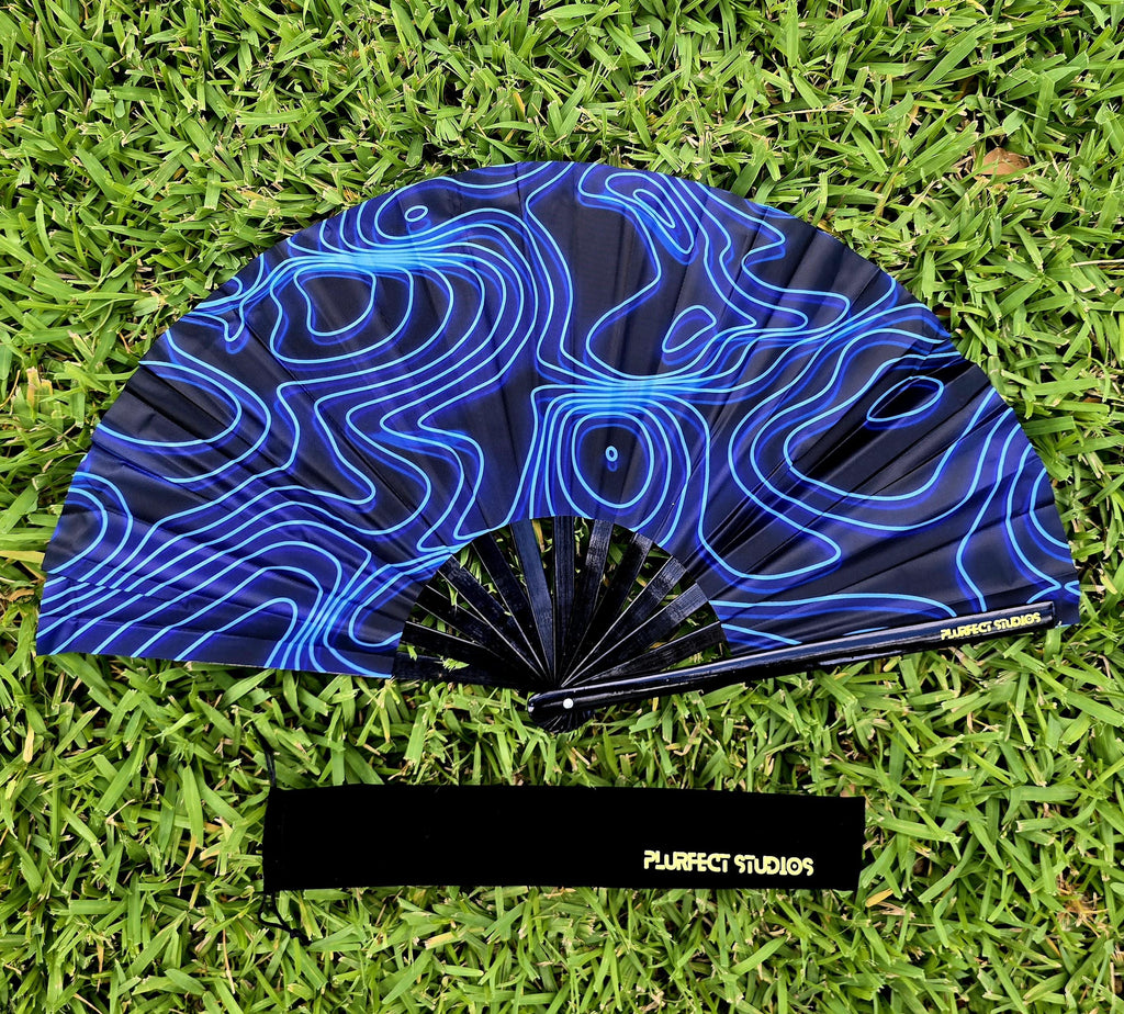 Blue Bass Wave Rave Hand Fan: Black Bamboo, Velvet Pouch