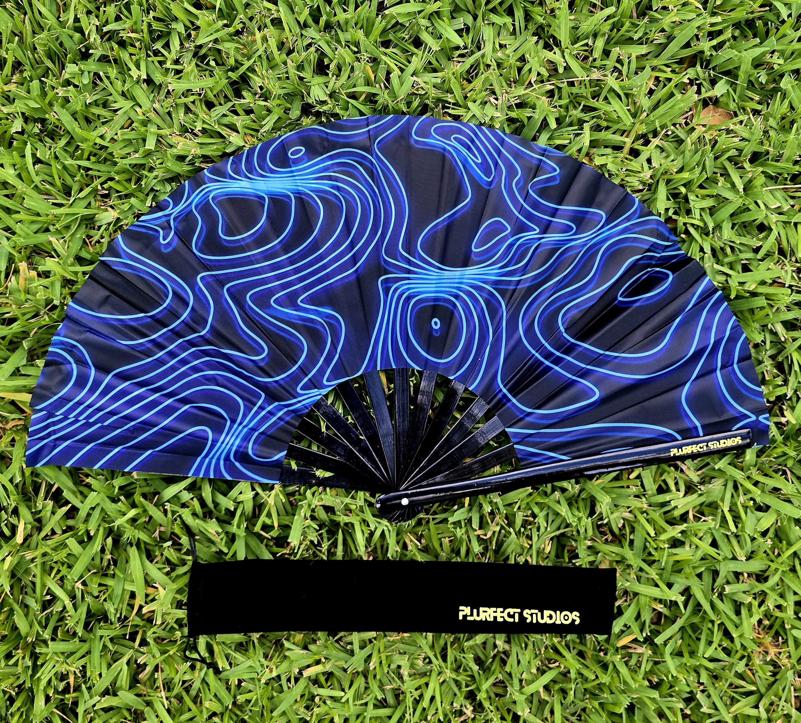 Blue Bass Wave Rave Hand Fan: Black Bamboo, Velvet Pouch
