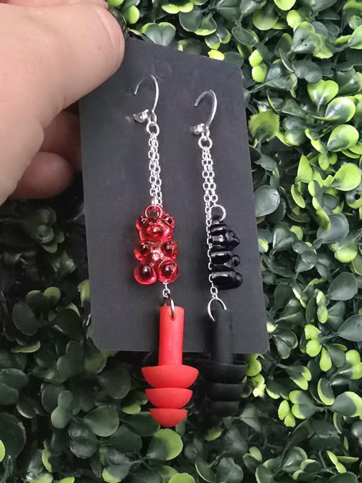 Gummy Bear Earplug Earrings: Red & Black Rave Festival Jewelry