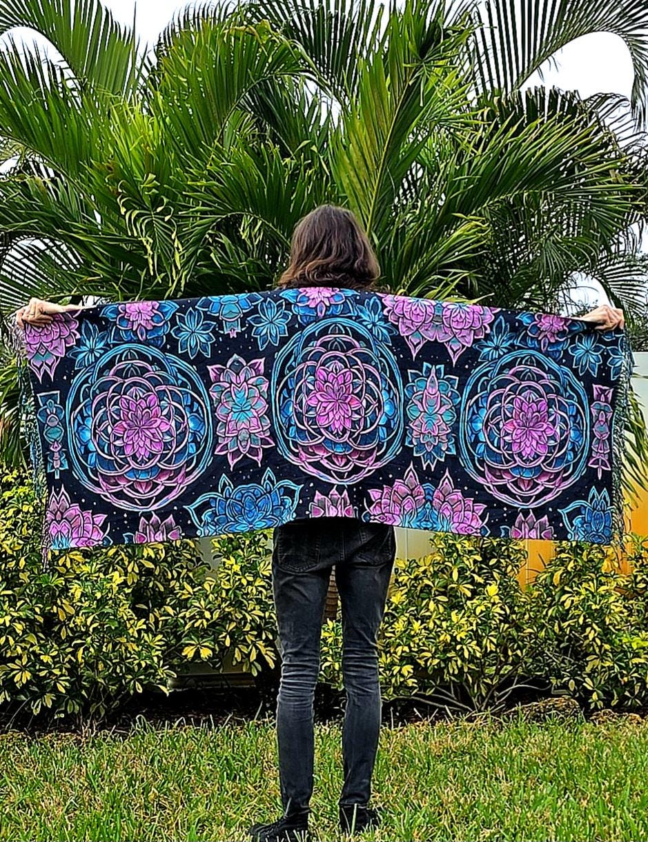 Lotus Flower Mandala Rave Pashmina - Festival Shawl - by PLURfect Studios