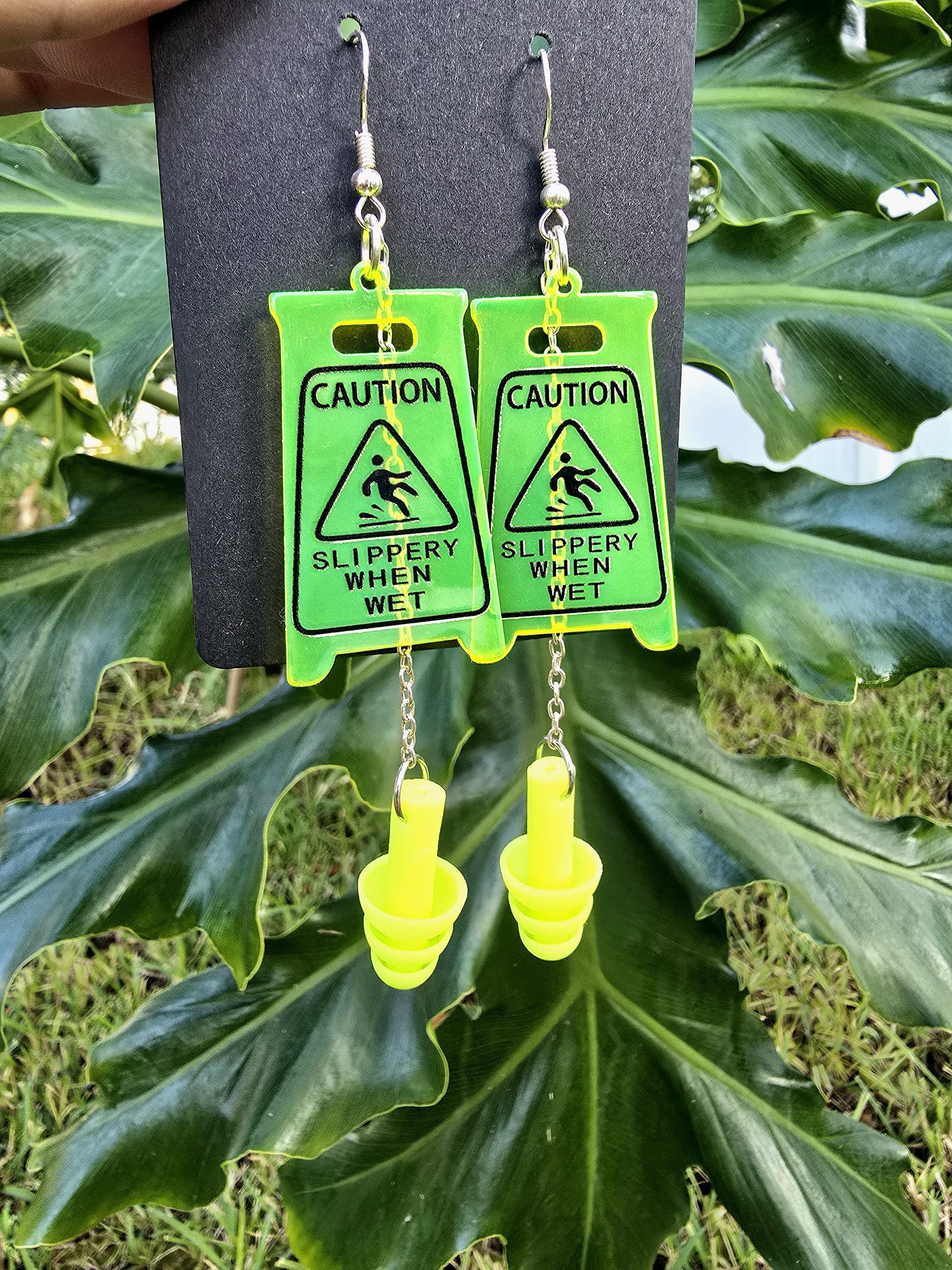 Slippery When Wet Caution Sign Earplug Earrings for Raves Festivals Concerts - by PLURfect Studios