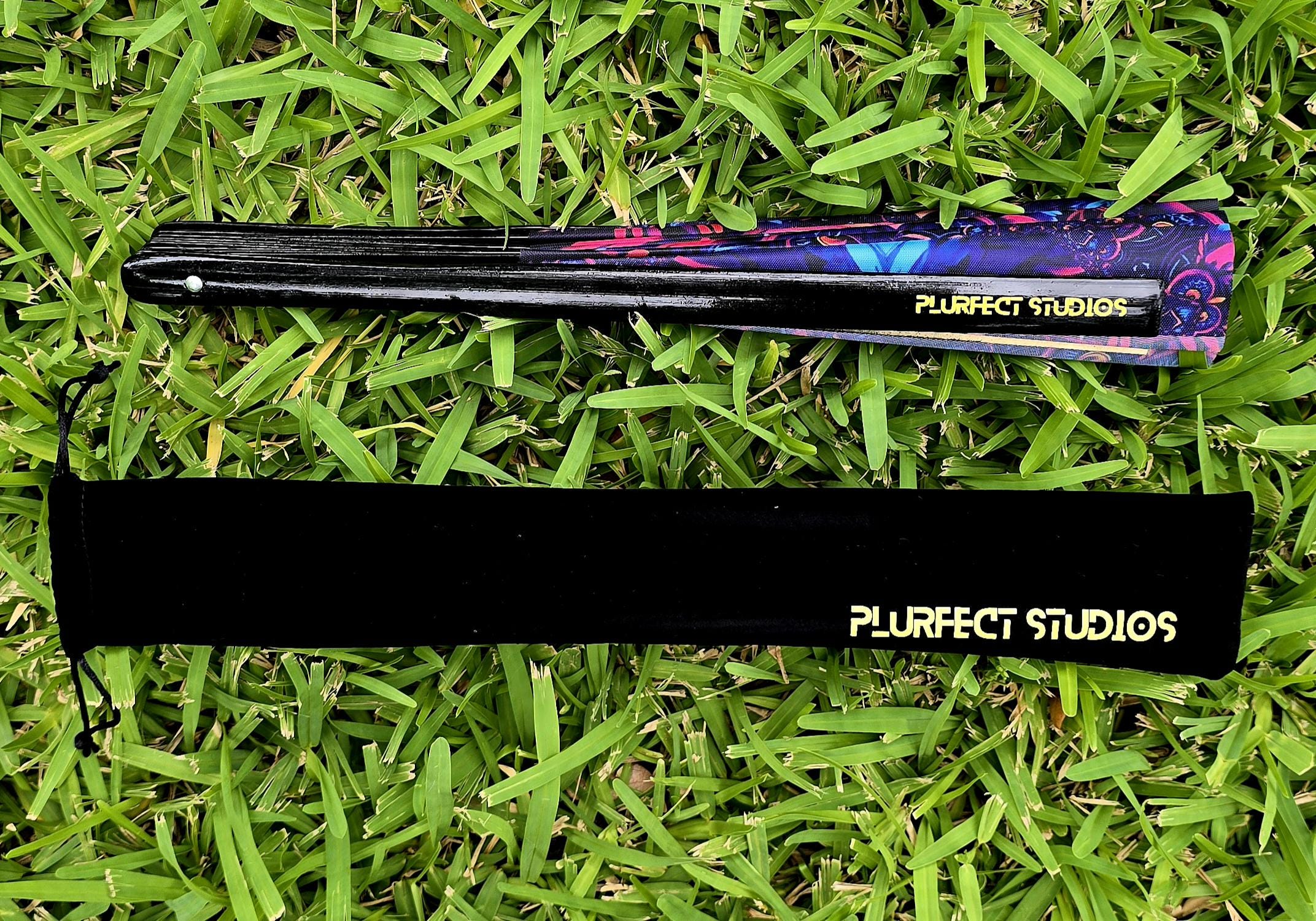 Trippy Fractal Owl Rave Hand Fan: Black Bamboo, Velvet Pouch