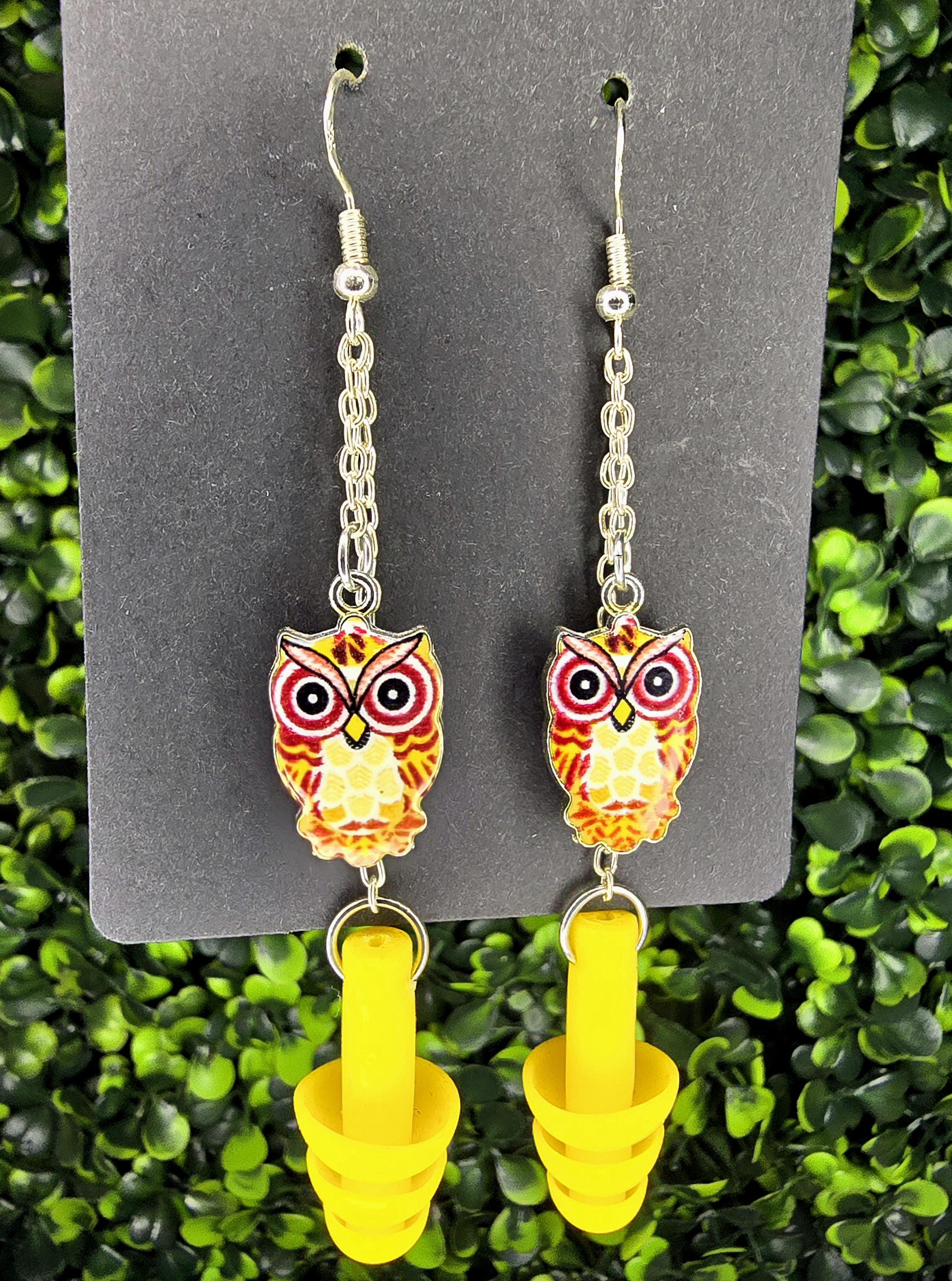 Yellow Orange Owl Earplug Earrings for Raves Festivals Concerts - by PLURfect Studios