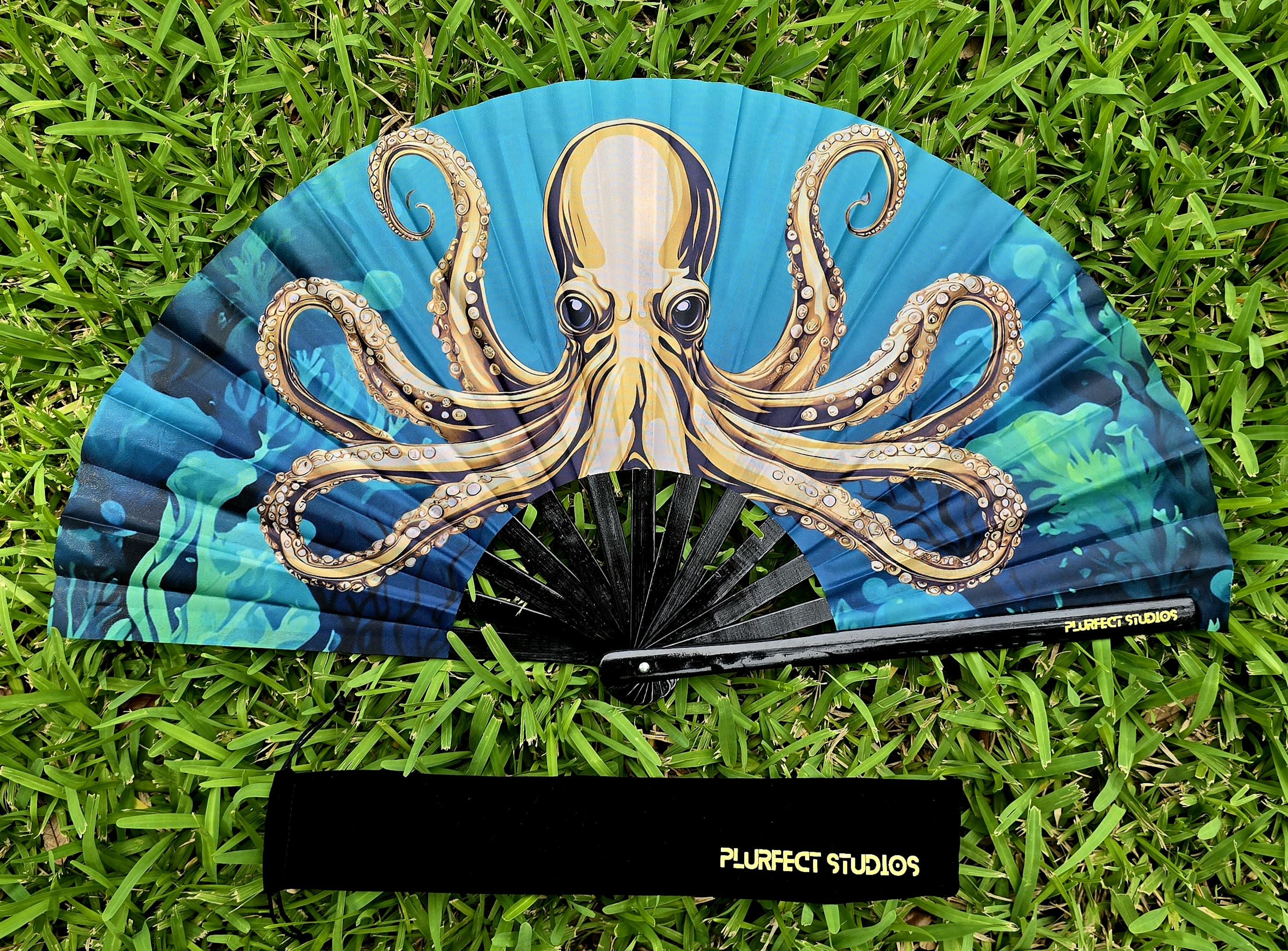Golden Octopus Rave Hand Fan: Black Bamboo, Velvet Pouch