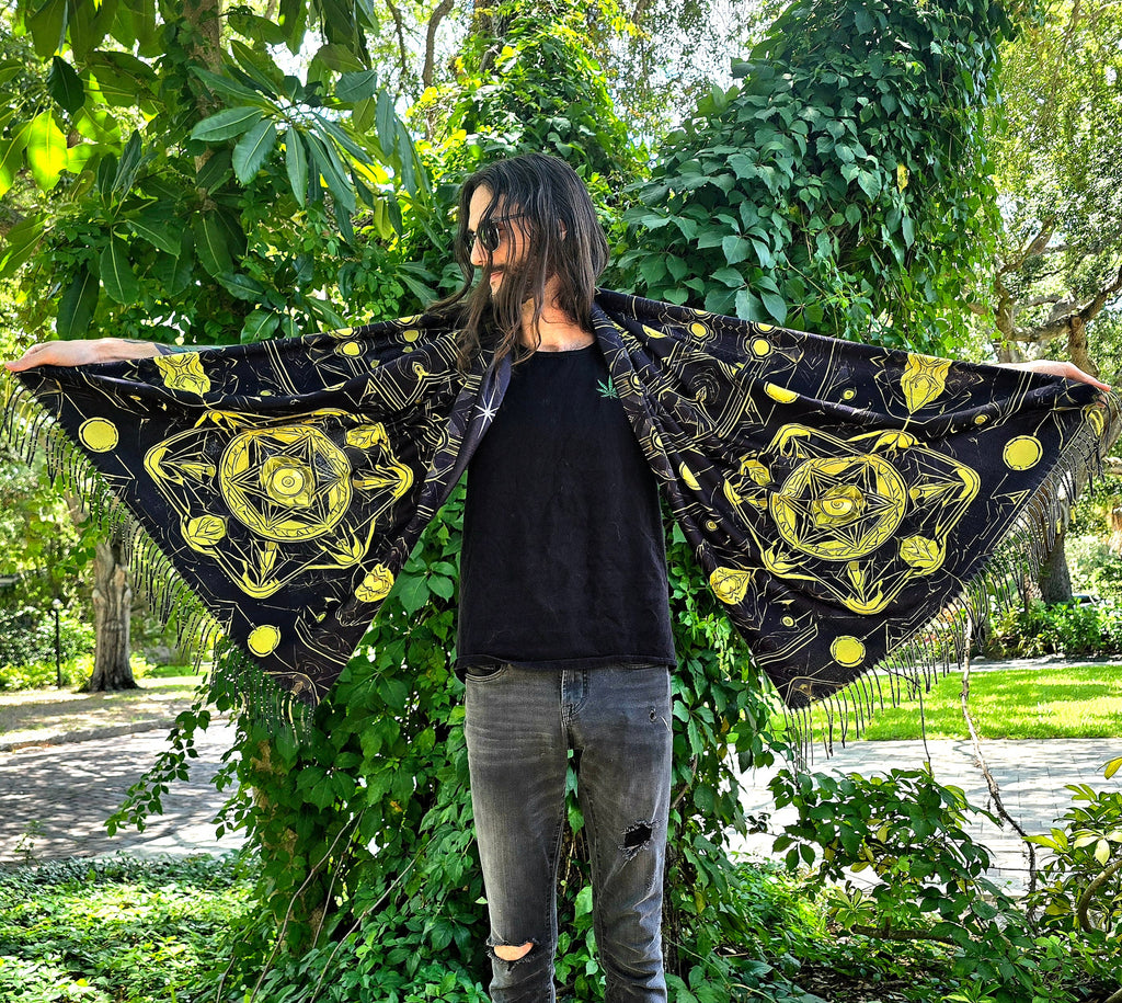 Yellow & Black Trippy Reversible Rave Pashmina - Festival/EDM Shawl - by PLURfect Studios