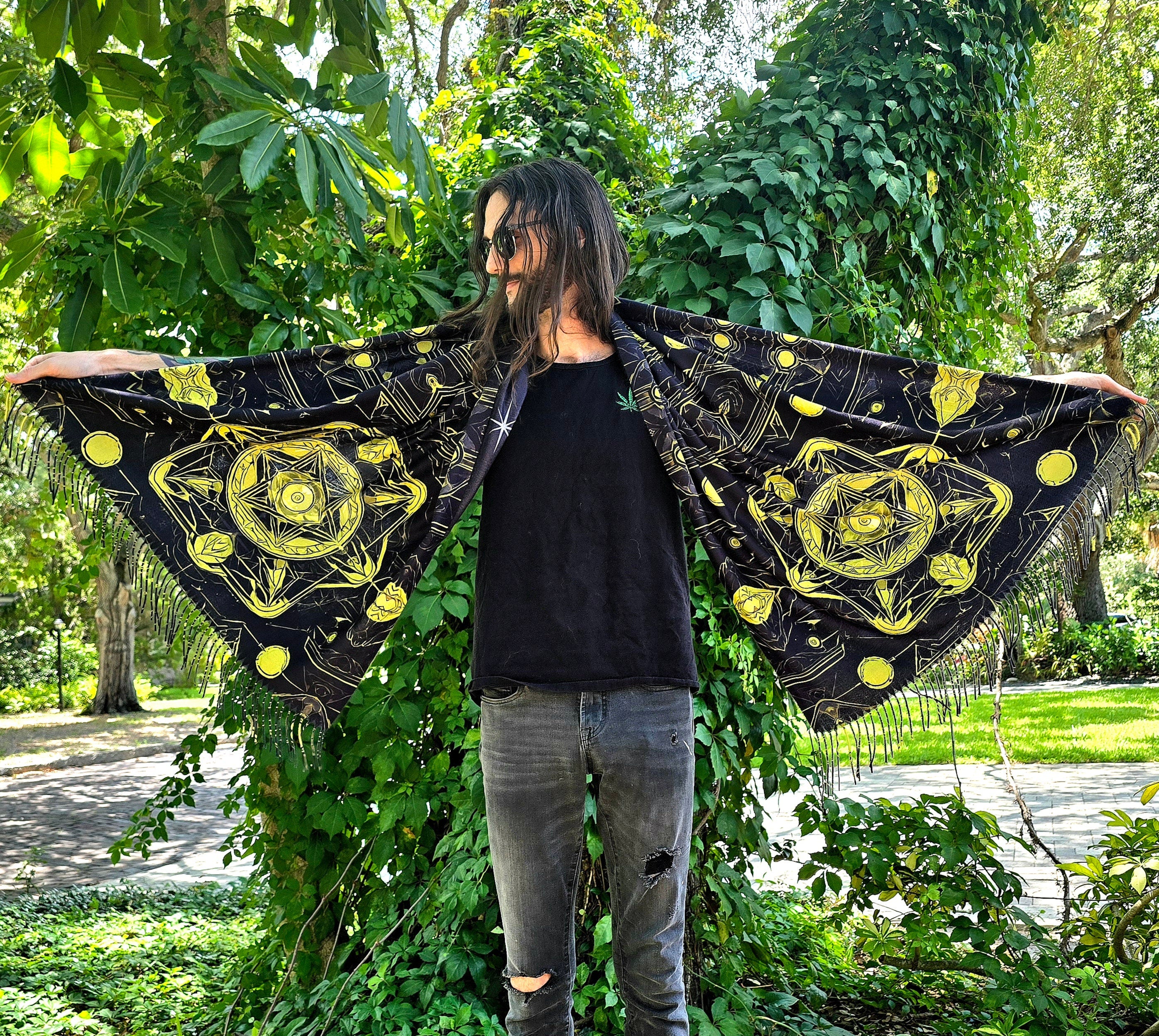 Yellow & Black Trippy Reversible Rave Pashmina - Festival/EDM Shawl - by PLURfect Studios