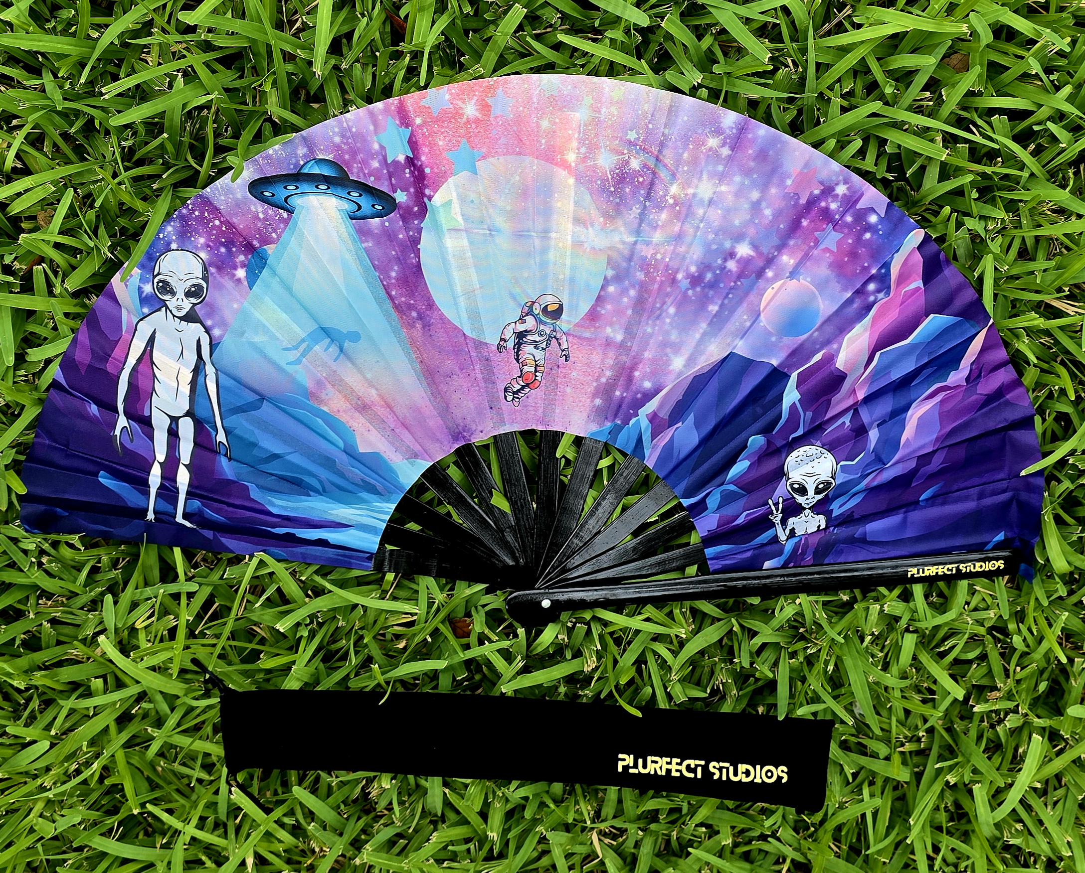 Alien Abduction Rave Hand Fan: Black Bamboo, Velvet Pouch