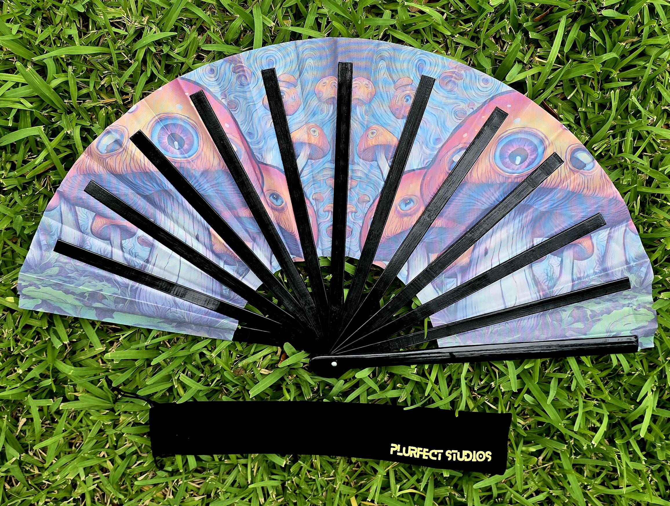 Trippy Eyeball Mushroom Rave Hand Fan: Black Bamboo, Velvet Pouch