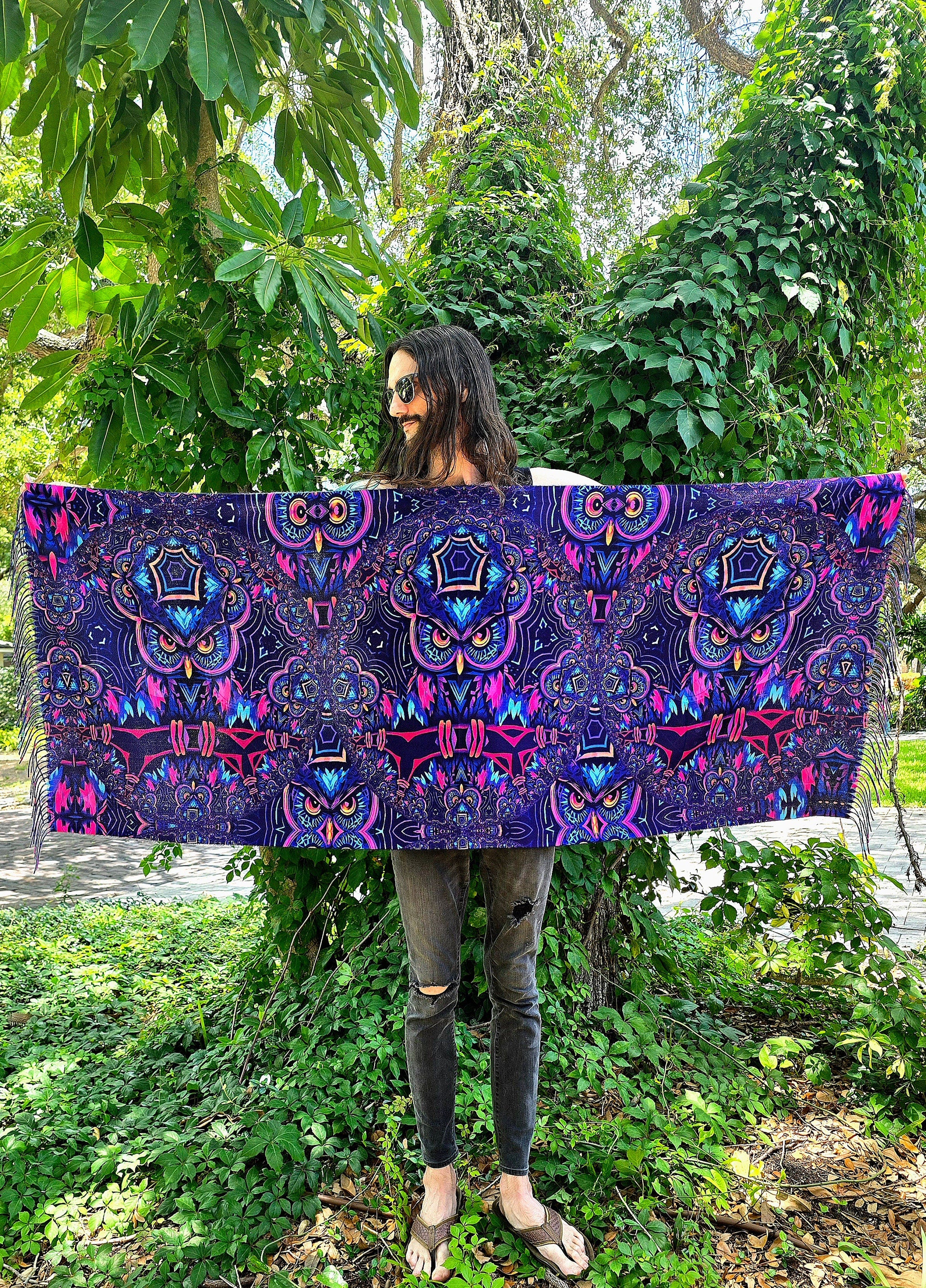 Trippy Fractal Owl Reversible Rave Pashmina - Festival/EDM Shawl - by PLURfect Studios