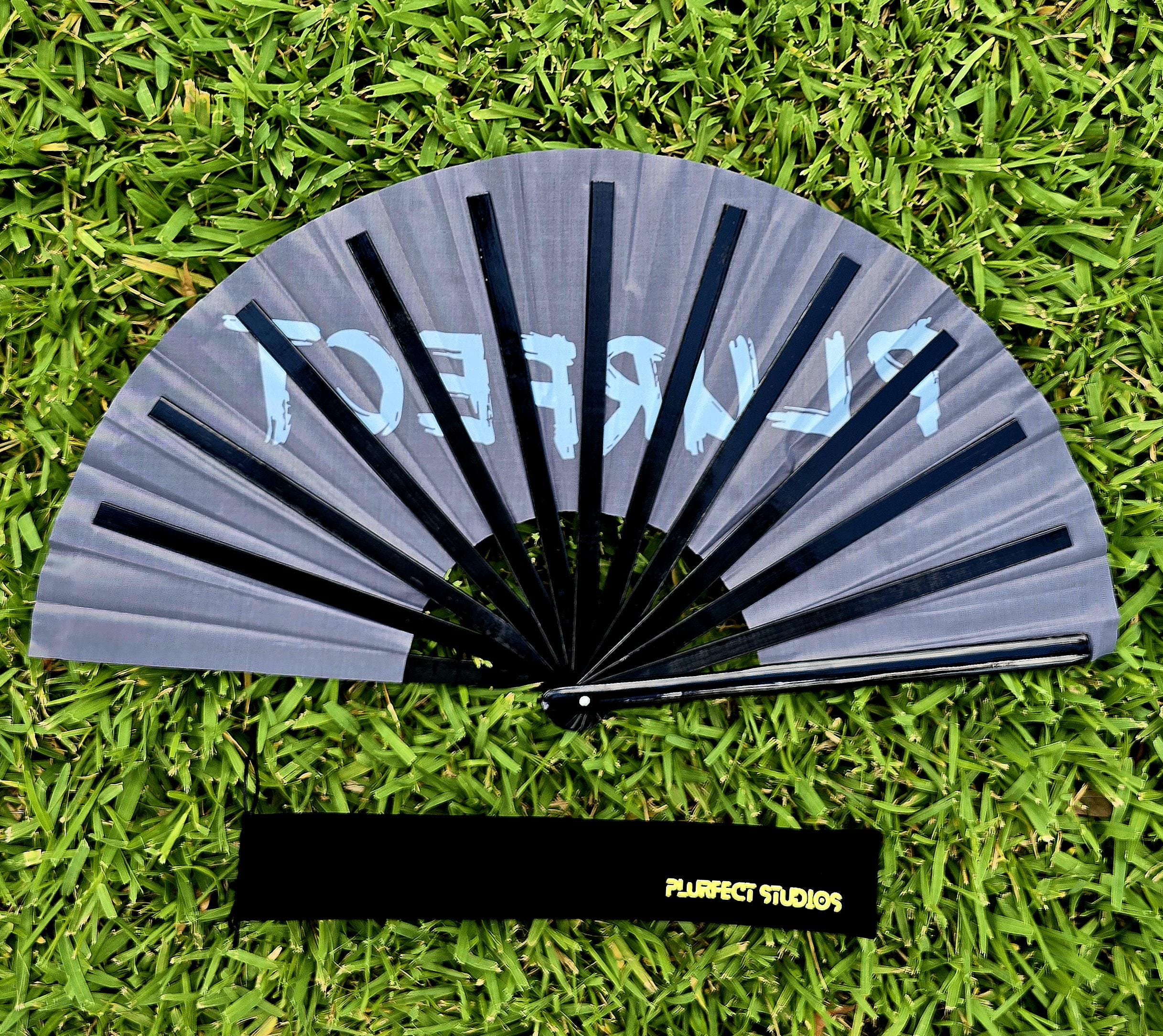 Blue & Black Rave Hand Fan: Bamboo Festival Fan with Pouch
