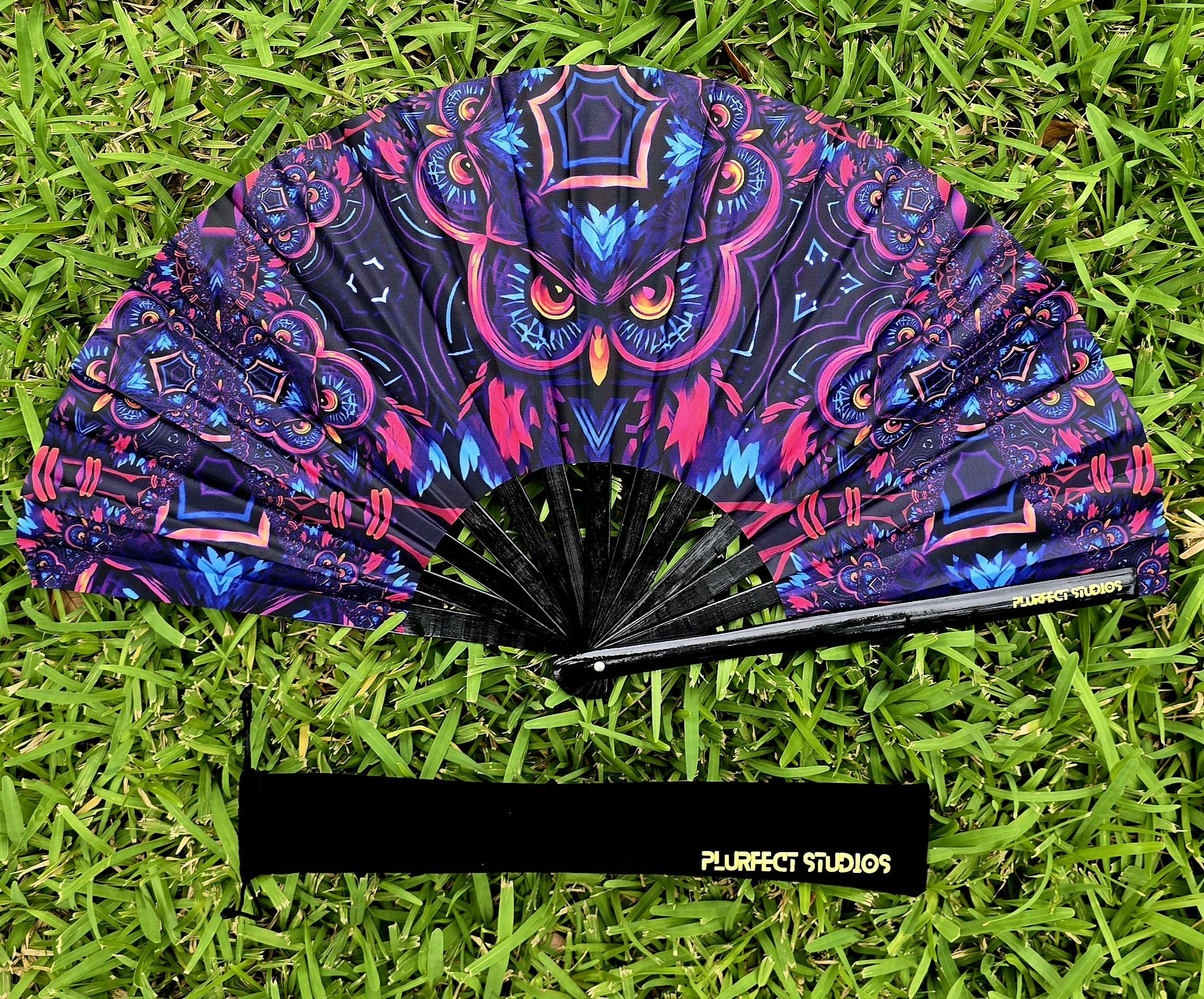 Trippy Fractal Owl Rave Hand Fan: Black Bamboo, Velvet Pouch