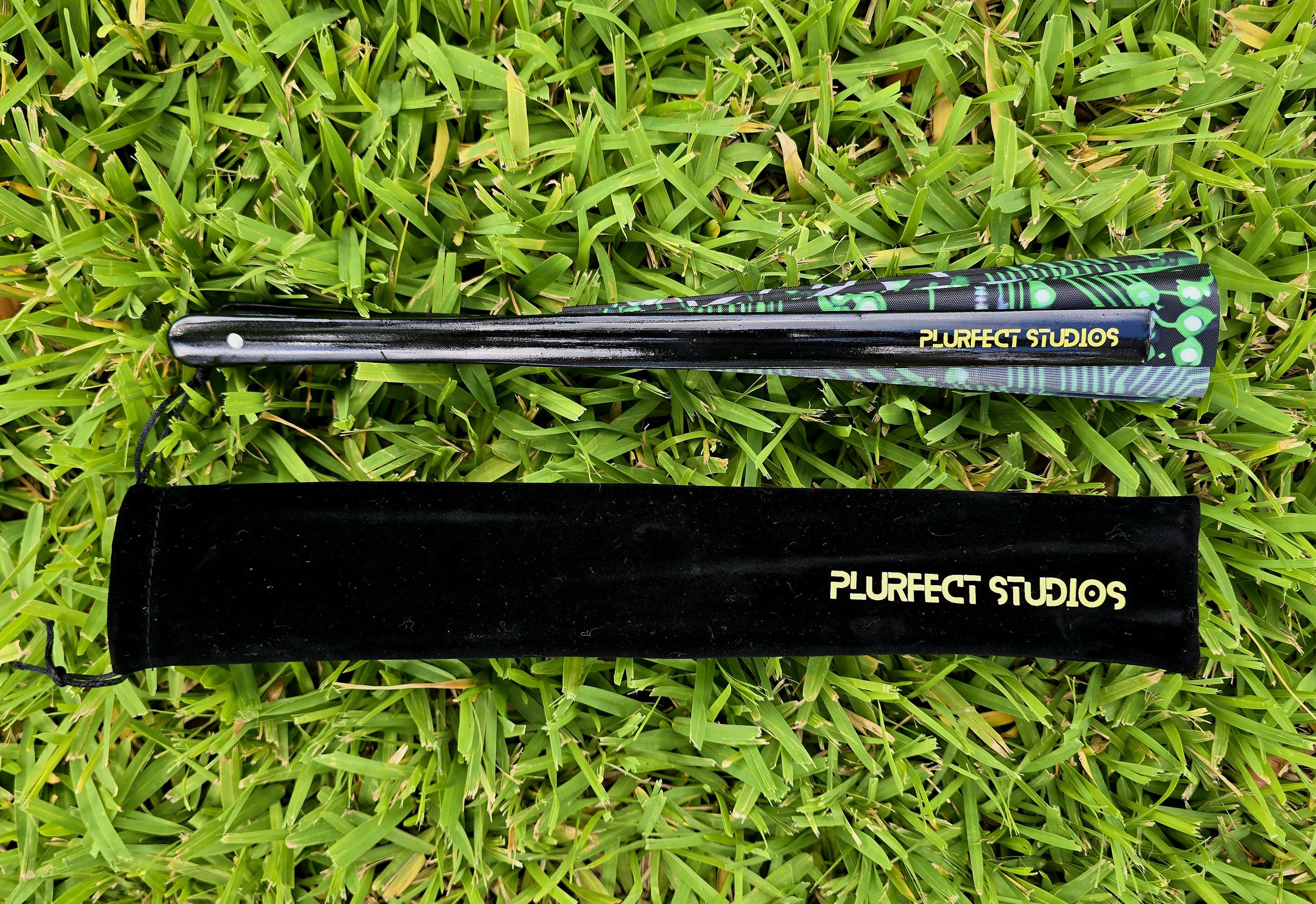 Green TECHNO Rave Hand Fan: Black Bamboo, Velvet Pouch