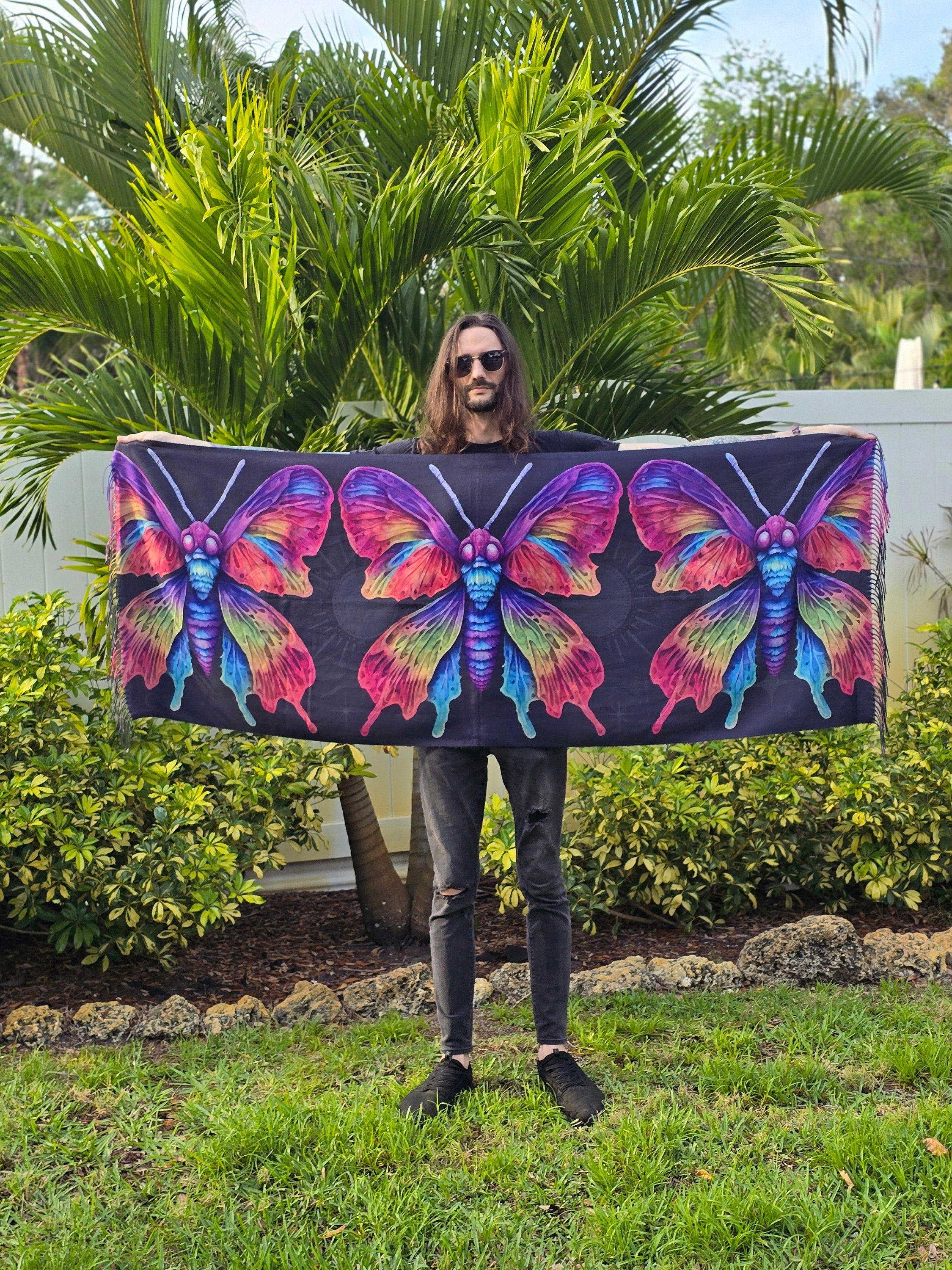 Rainbow Death Moth Reversible Rave Pashmina - Festival/EDM Shawl - by PLURfect Studios