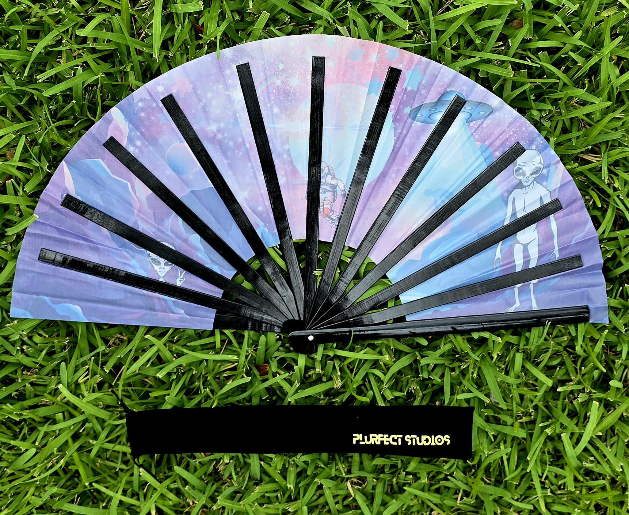 Alien Abduction Rave Hand Fan: Black Bamboo, Velvet Pouch