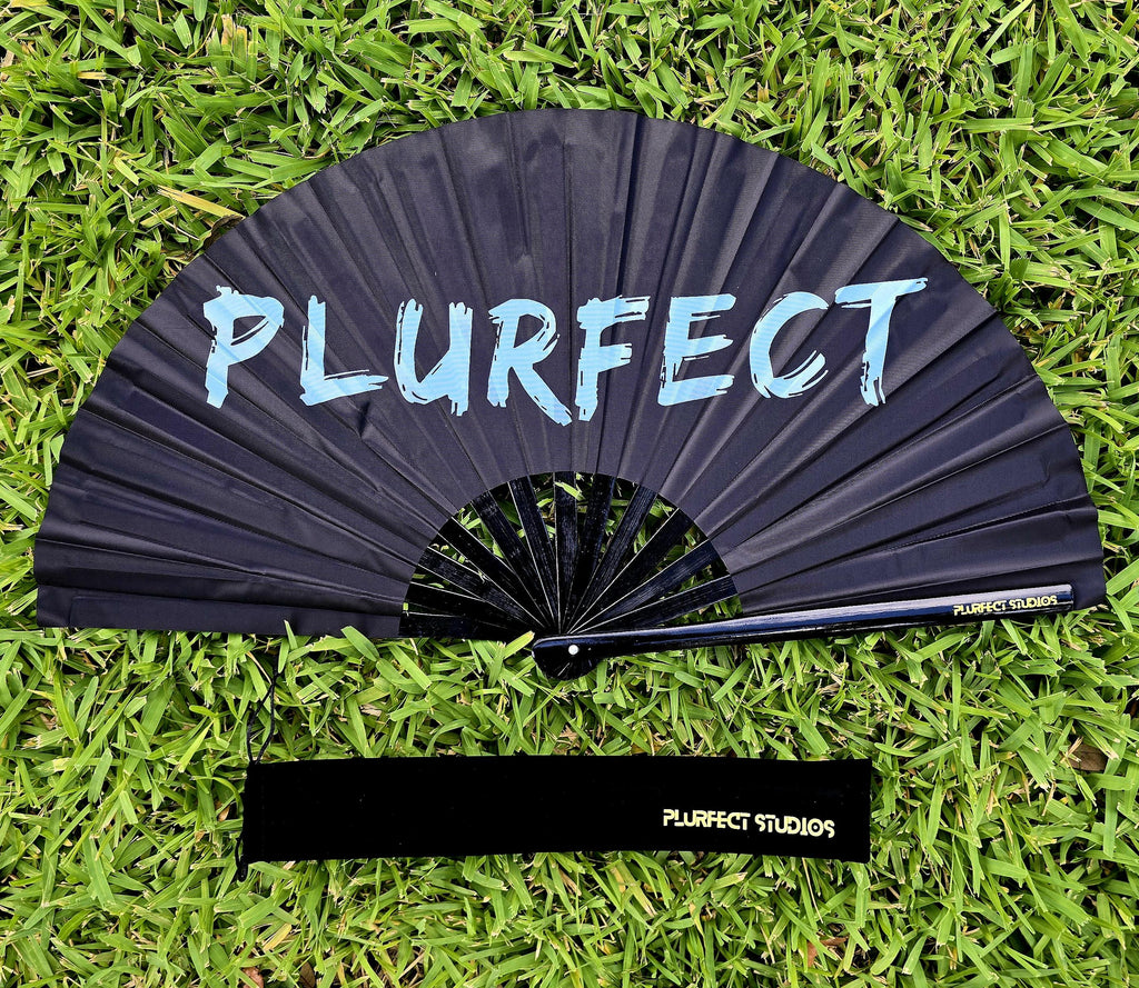 Blue & Black Rave Hand Fan: Bamboo Festival Fan with Pouch