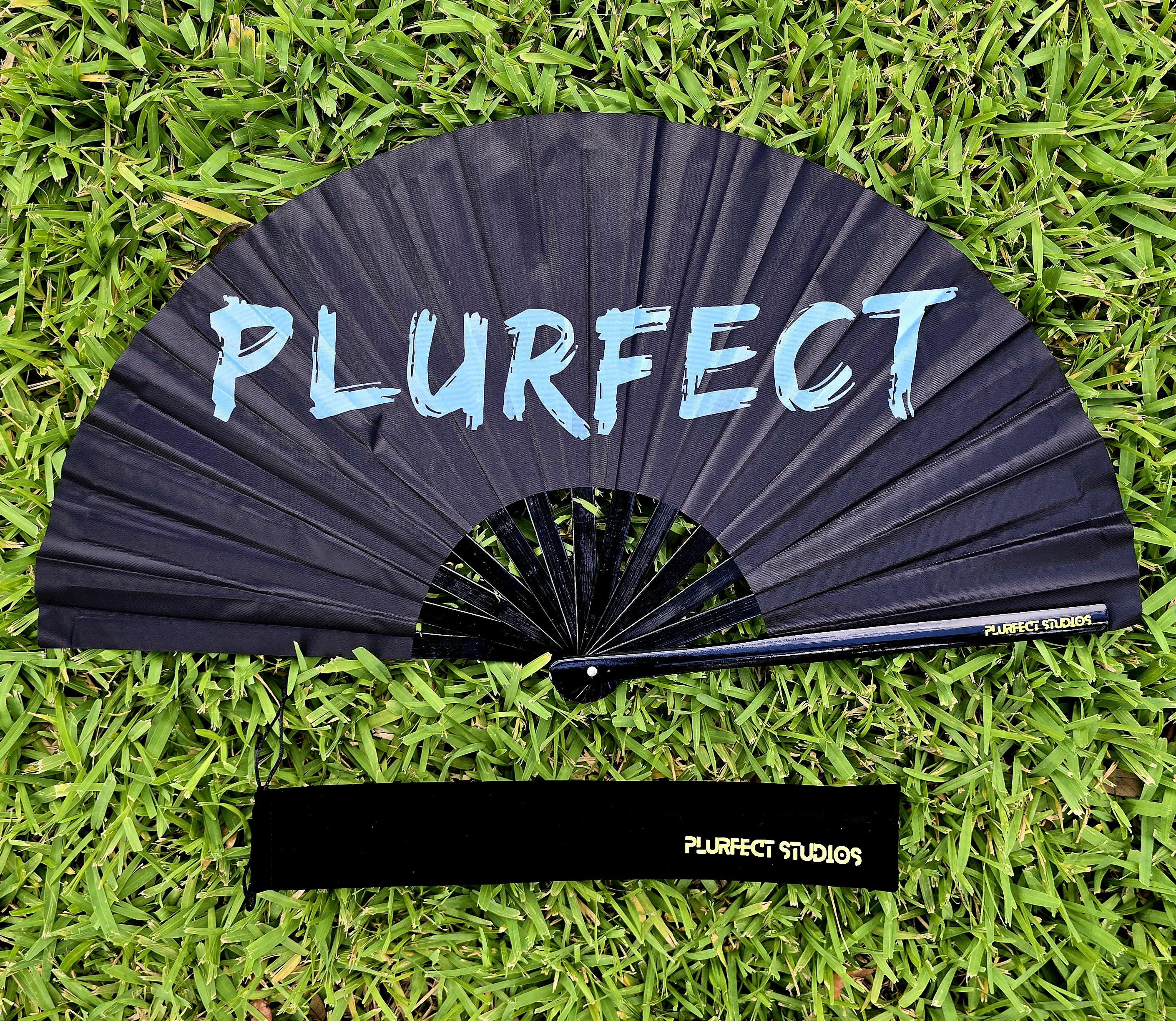 Blue & Black Rave Hand Fan: Bamboo Festival Fan with Pouch
