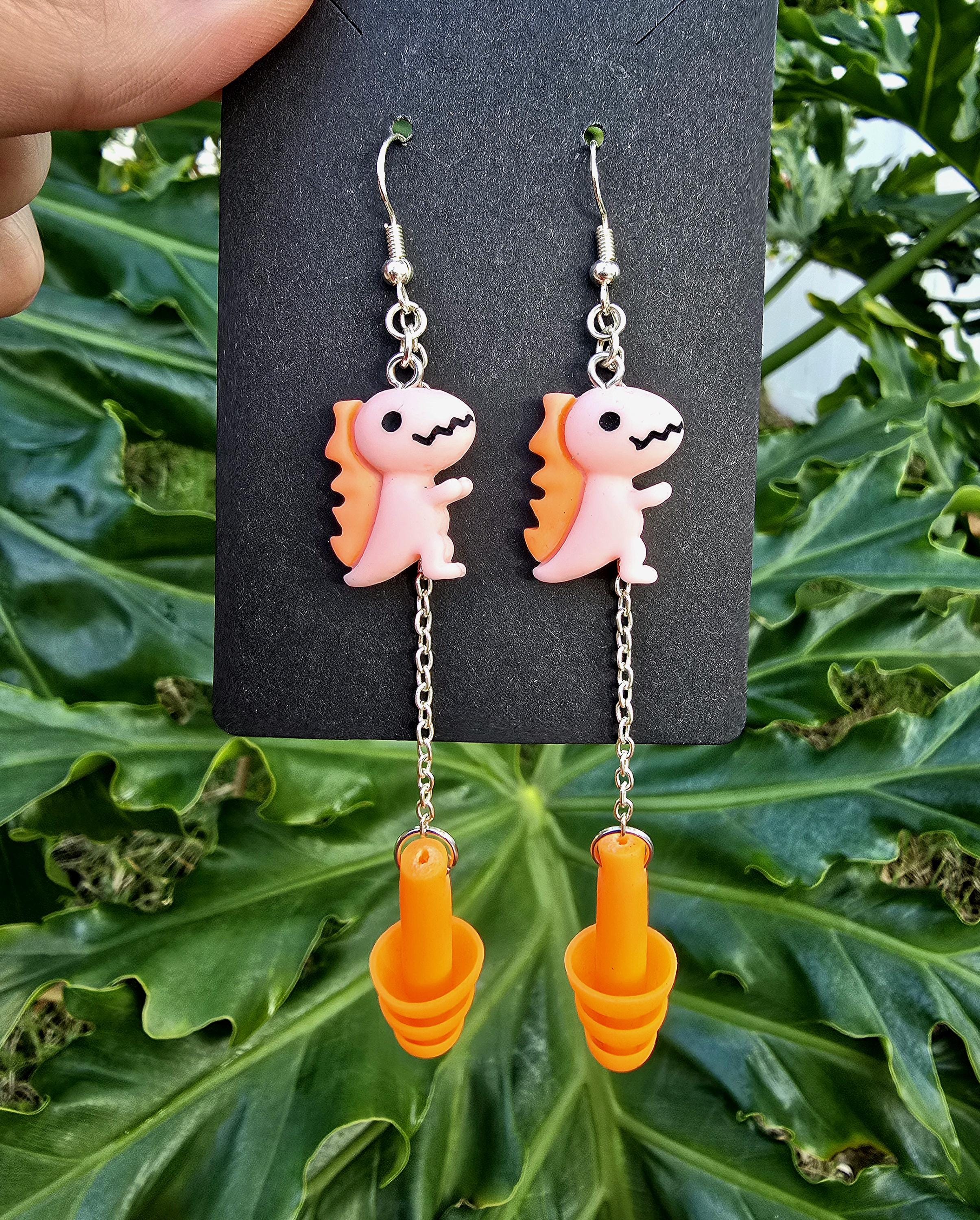 Pink & Orange Dinosaur Earplug Earrings for Raves Festivals Concerts - by PLURfect Studios