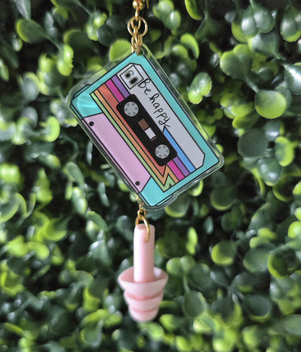 Be Happy Cassette Tape Earplug Earrings for Raves Festivals Concerts - by PLURfect Studios