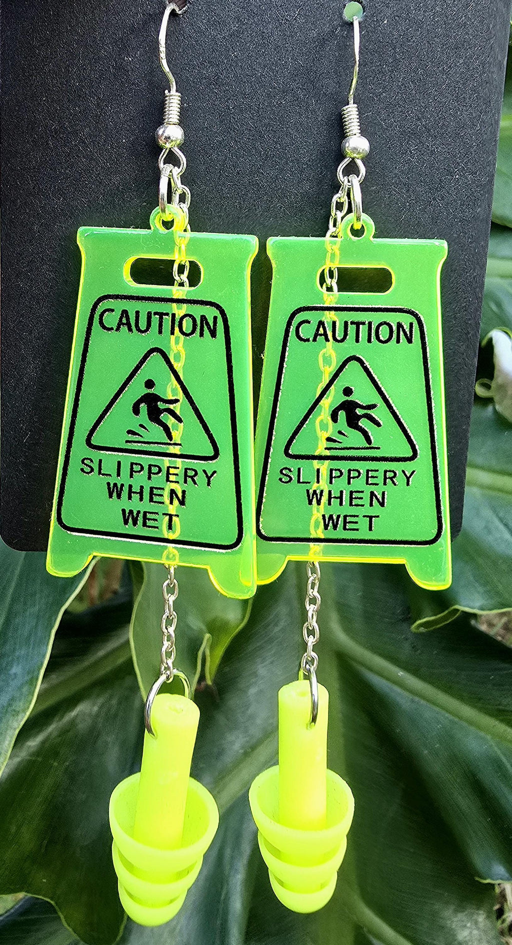 Slippery When Wet Caution Sign Earplug Earrings for Raves Festivals Concerts - by PLURfect Studios